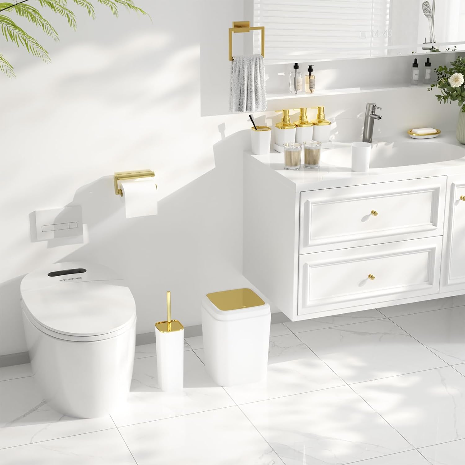 Bathroom Set - Bathroom Sets with Shower Curtain and Rugs, Bathroom Accessory Set, White Bathroom Accessories Set with Trash Can, Toilet Brush and Soap Dispensers