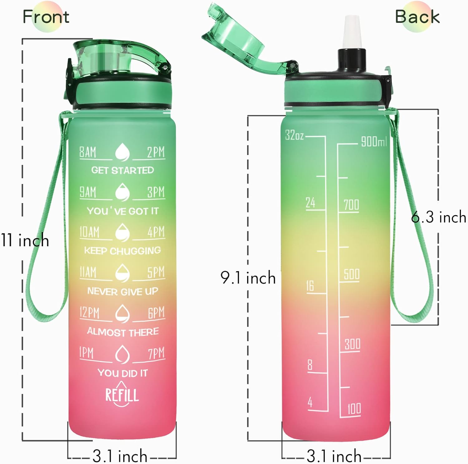 Enerbone Water Bottle, Leakproof BPA & Toxic Free, Motivational Water Bottle with Times to Drink and Straw, Fitness Sports Water Bottle with Strap for Office, Gym, Outdoor Sports