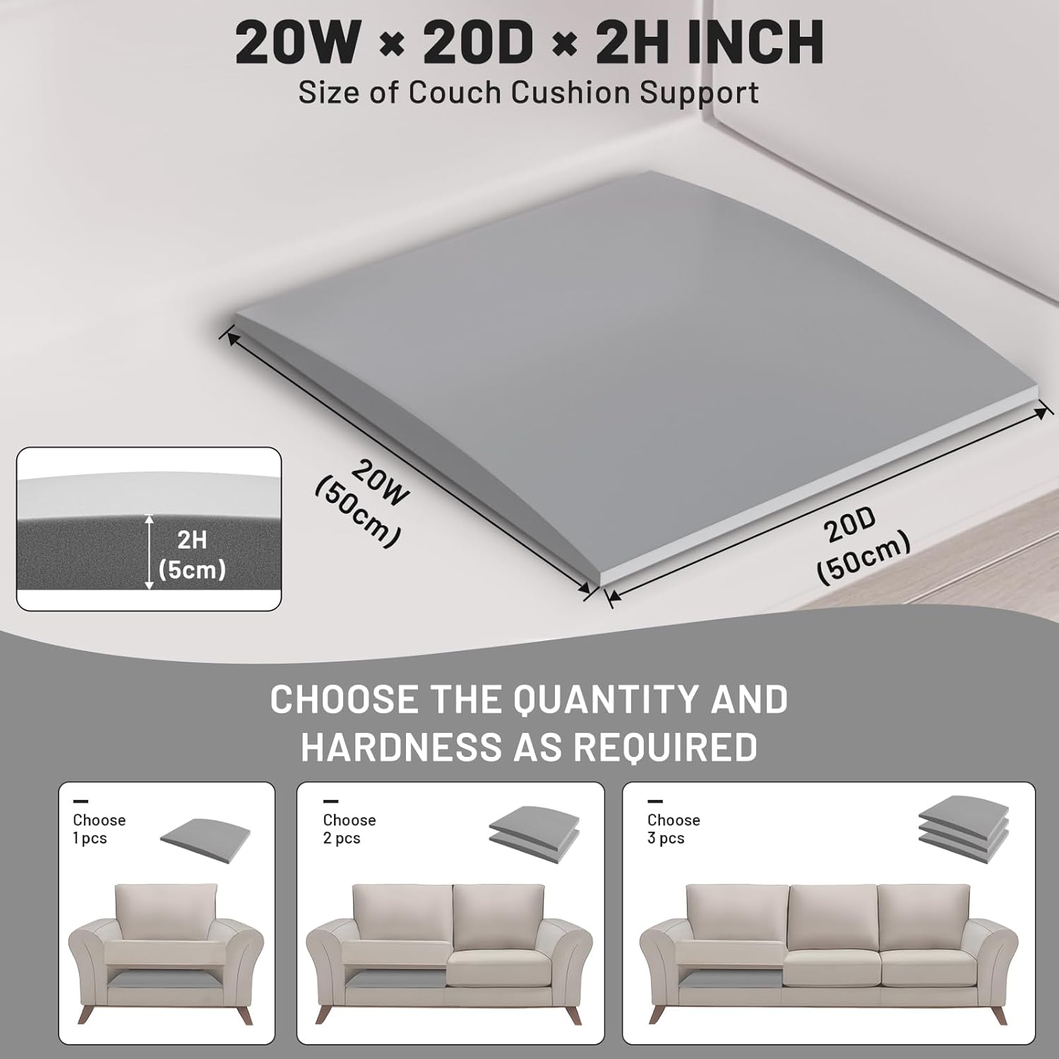 Couch Cushion Support, Sofa Cushion Support for Sagging Couch Seat, 20x20x2in, Couch Replacement Insert, High Density Foam Furniture Seat Sagging Repair, Trapezoid 40D, Grey Set of 1