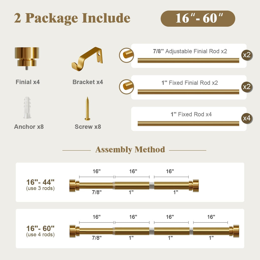 Oneach 2-Pack Heavy Duty Curtain Rods for Windows 28 to 48 Inch, 1 Inch Pole Adjustable Curtain Rod Set with Easy Installation and Modern Design (Brass Gold, 16 to 60 Inch)