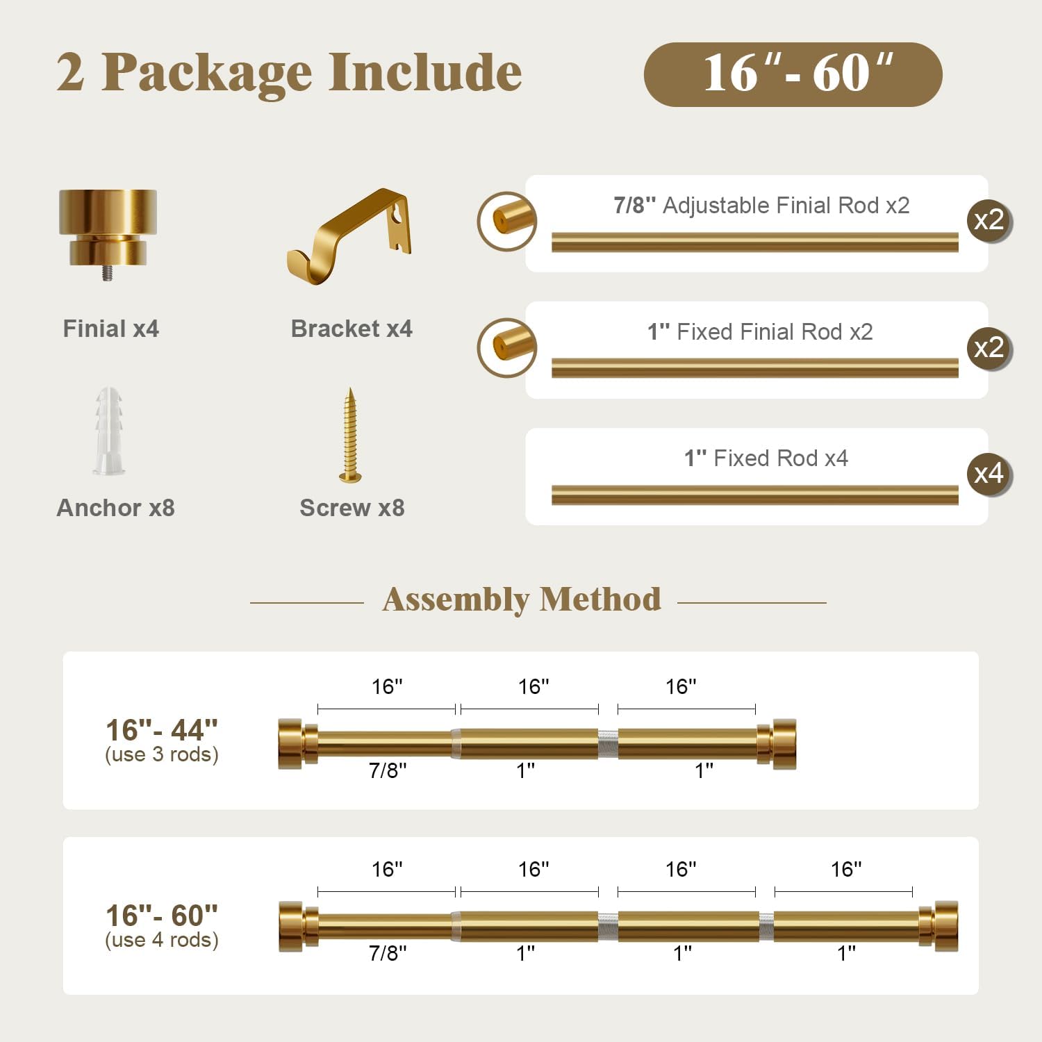 Oneach 2-Pack Heavy Duty Curtain Rods for Windows 28 to 48 Inch, 1 Inch Pole Adjustable Curtain Rod Set with Easy Installation and Modern Design (Brass Gold, 16 to 60 Inch)