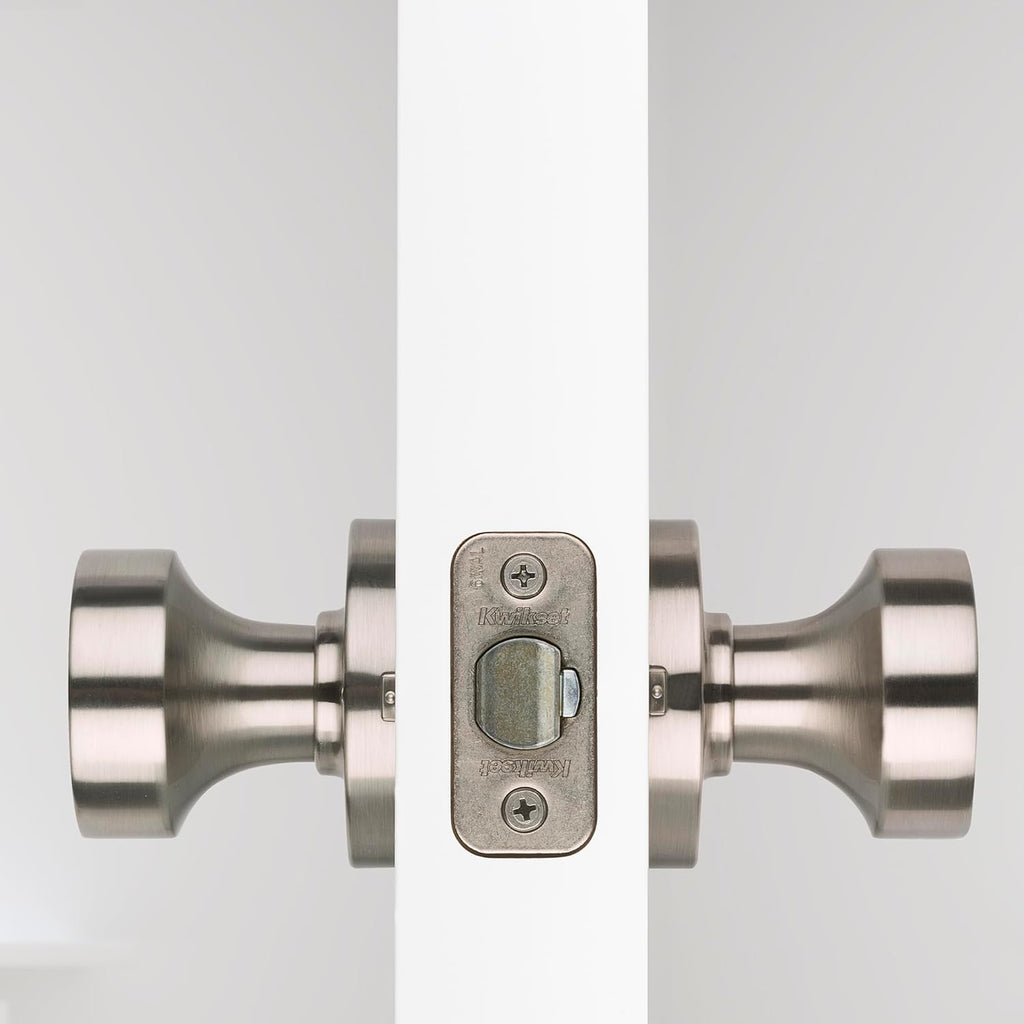 Kwikset Pismo Door Knob Set, 10 Pack with 5 Non-Locking Passage and 5 Locking Keyless Privacy Handles, with Round Rose, Featuring Microban Protection in Satin Nickel