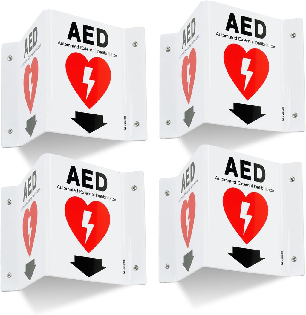 T&R AED Sign, Automated External Defibrillator with Down Arrow - 4 Pack - 8 x 6 Inches Acrylic, 4 pre-drilled holes, Includes Matching Screws, Use for Office/Business