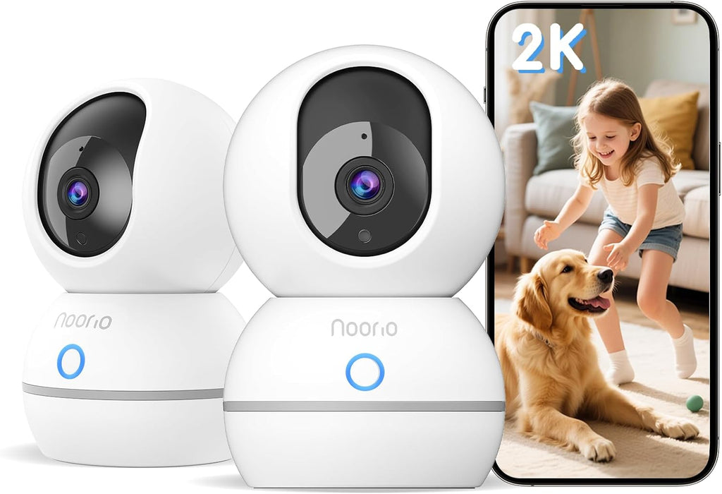 Noorio 2K Security Camera Indoor, Pan/Tilt Pet Camera with Speaker, One Touch Call Baby Monitor Dog Cam, Plug-in 24/7 SD&Cloud Storage, Color Night Vision, 2.4G WiFi, CS201, 2Pcs
