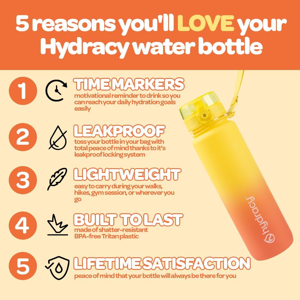 Hydracy Water Bottle with Time Marker -Large 32oz BPA Free Gradient Water Bottle - Leak Proof Gym Bottle with Fruit Infuser Strainer & Times to Drink -Ideal for Fitness Sports & Outdoors