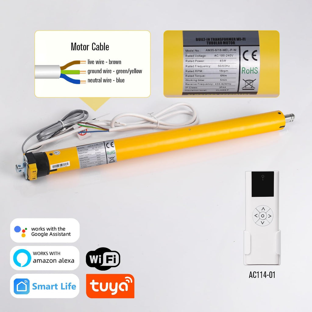 AM35 Smart WiFi Blinds Motor, Tuya App Control, AC 100-240V for 2 inch (50mm) Tubes, 6N.m Torque, Compatible with Alexa & Google Home, No Hub Required for Motorized Roller, Roman, ZebraShades