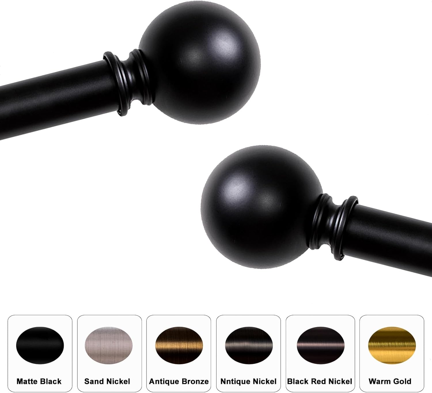 Black Curtain Rods for Windows 18 to 145 inches, 1 Inch Modern Metal Drapery Rods, Adjustable Heavy Duty Curtain Pole with Round Finials(18"-145"Black)