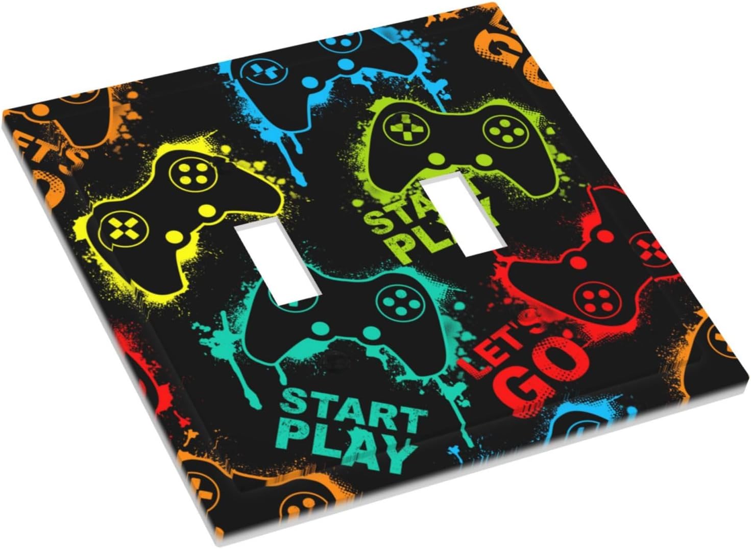 Decorative Light Switch Plate Covers Gamepad Theme Graffiti 2 Gang Light Switch Cover Unique Double Toggle Wall Plate Outlet Covers for Game Room Home Decor （2 Pack）