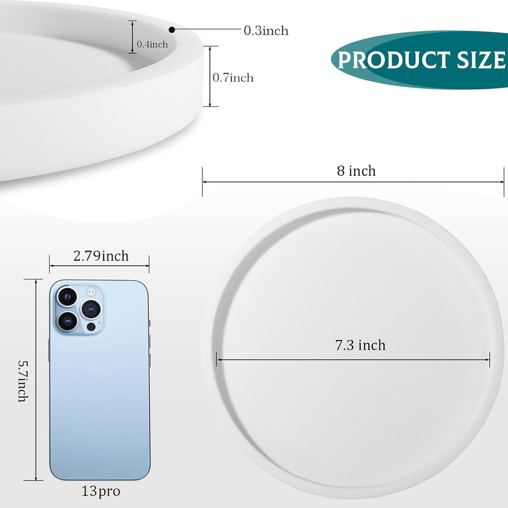 Silicone Bathroom Tray Round Vanity Tray Decorative Soap Holder Kitchen Countertop Organizer Coffee Table Decor for Candle, Perfume, Plant, 8 Inch, White