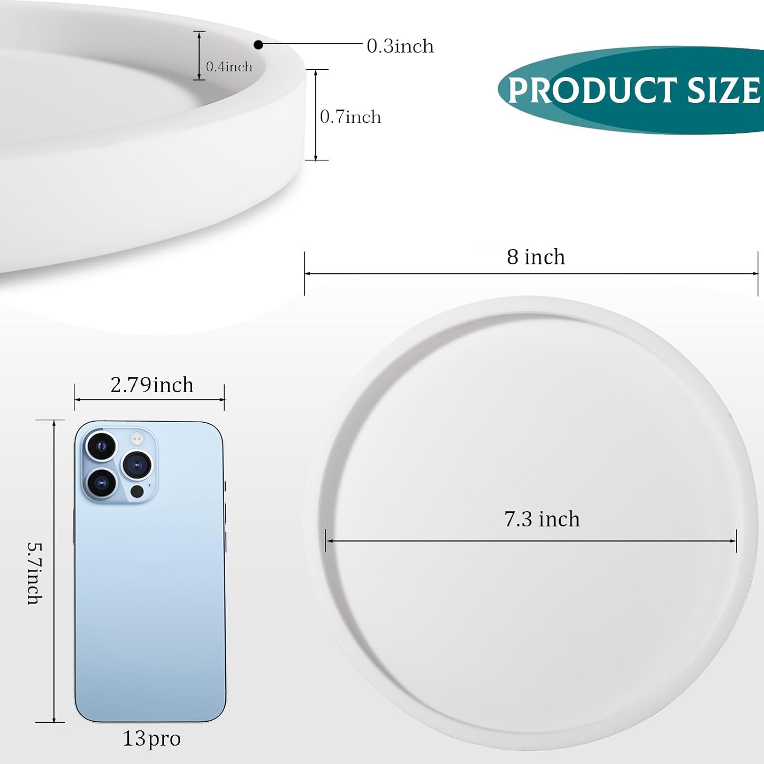 Silicone Bathroom Tray Round Vanity Tray Decorative Soap Holder Kitchen Countertop Organizer Coffee Table Decor for Candle, Perfume, Plant, 8 Inch, White