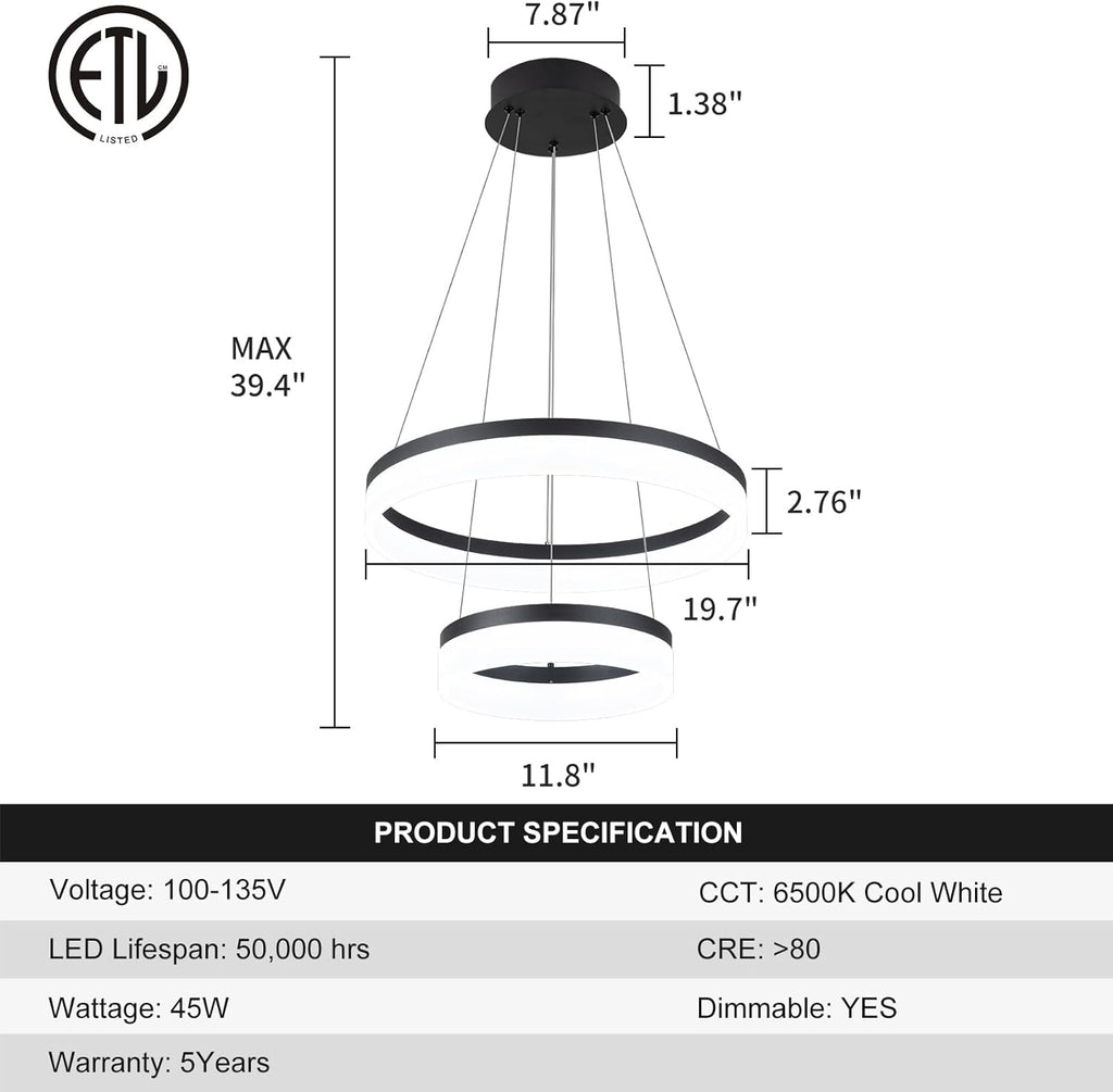Buccleuch 2-Ring Modern LED Chandelier - Dimmable Black Round Pendant Light, Height Adjustable ETL-Certified Ceiling Light for Dining Room, Kitchen Island, Living Room, Bedroom, Foyer