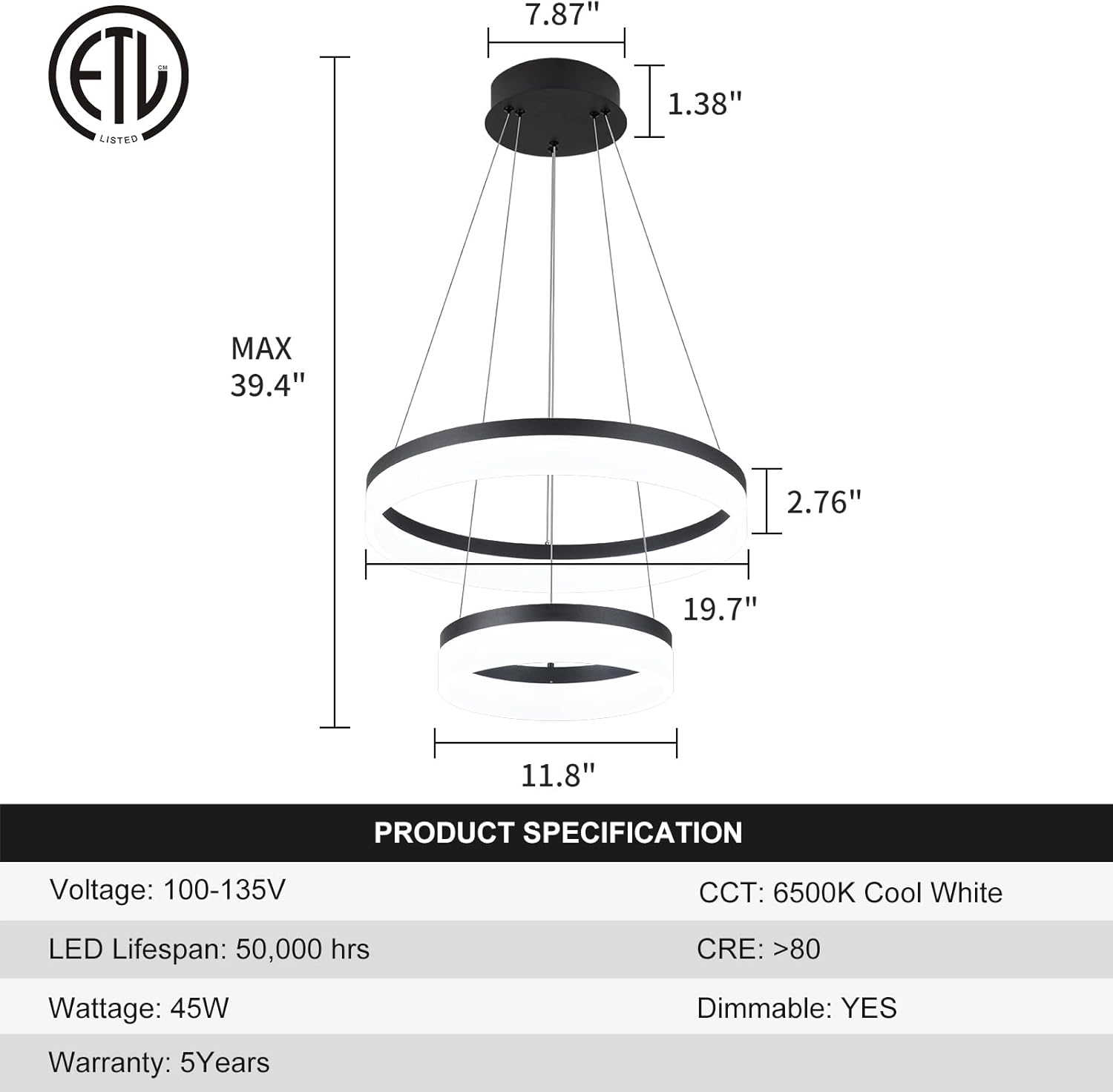 Buccleuch 2-Ring Modern LED Chandelier - Dimmable Black Round Pendant Light, Height Adjustable ETL-Certified Ceiling Light for Dining Room, Kitchen Island, Living Room, Bedroom, Foyer
