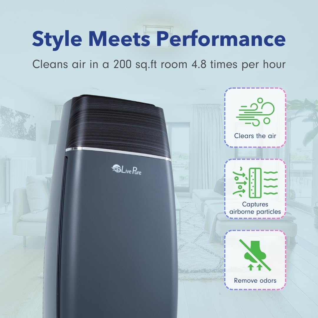 LivePure LP260TH-G Sierra Series True HEPA Digital Tall Tower Air Purifier for Home Captures Allergens, Smoke, Pollen, Mold, Dust Mites, Pet Hair, Energy Star Certified, Graphite