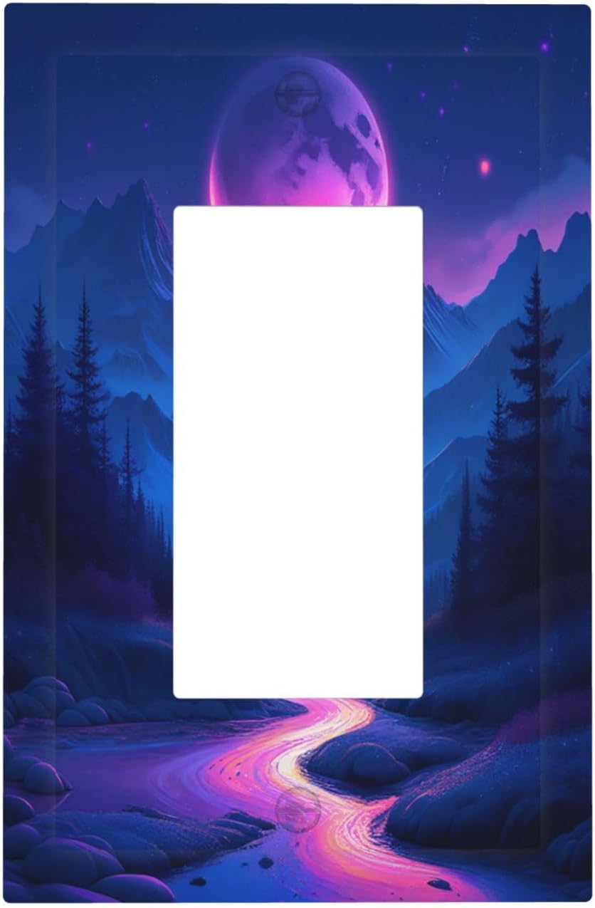 Purple Cyberpunk River Full Moon Mountain Forest Decorative Outlet Covers 1 Gang Single Rocker Light Switch Cover Plate Wall Plates GFCI Faceplate for Bedroom Bathroom Decor