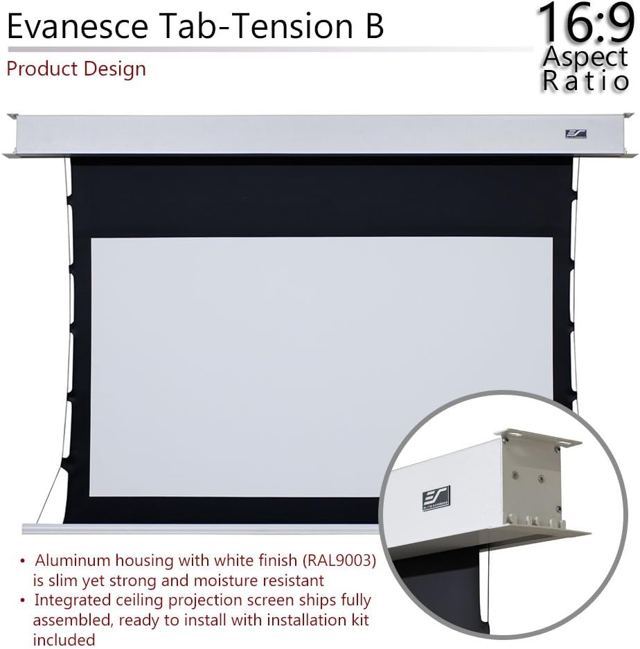 Elite Screens Evanesce Tab-Tension B, 100-inch 16:9, 4K / 8K HD, Recessed in-Ceiling Electric Tab Tensioned Projector Screen, Matte White Projection Screen Surface Programmed Remote Kit, ETB100HW3-E12