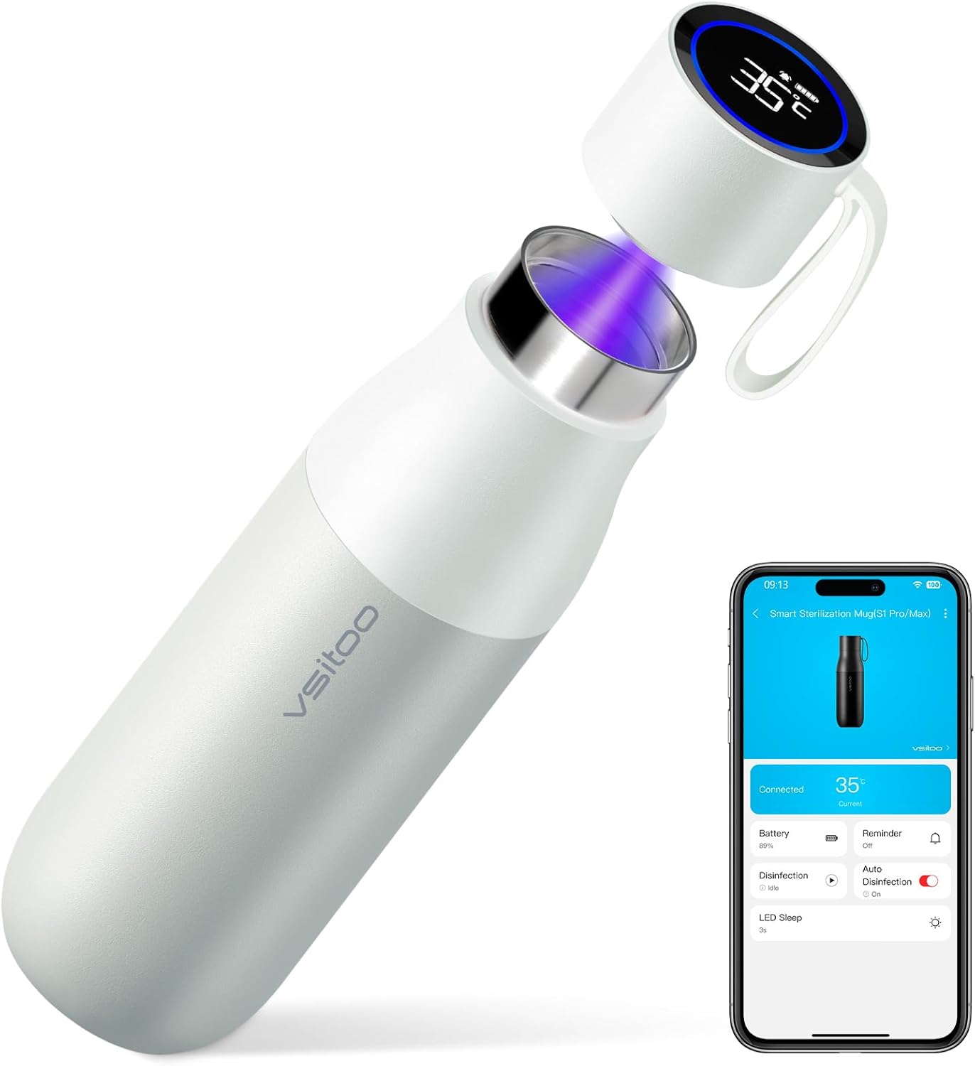 VSITOO 15oz Smart Self Cleaning Water Bottle，Insulated Water Bottle with Stainless Steel, BPA-Free, AI Self-Clean, 30-Day Battery, Magnetic Charging for Travel, Gym or Office, White