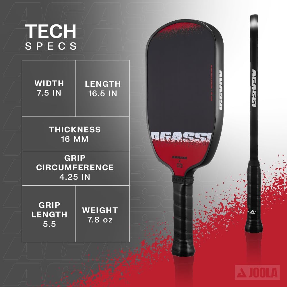 JOOLA Agassi Edge 16mm Pickleball Paddle - Carbon Fiber Pickleball Racket Surface Increases Spin & Control - Agassi Shape with Extended Sweet Spot - UPA-A Certified - USAP Approved - NFC Chip Enabled