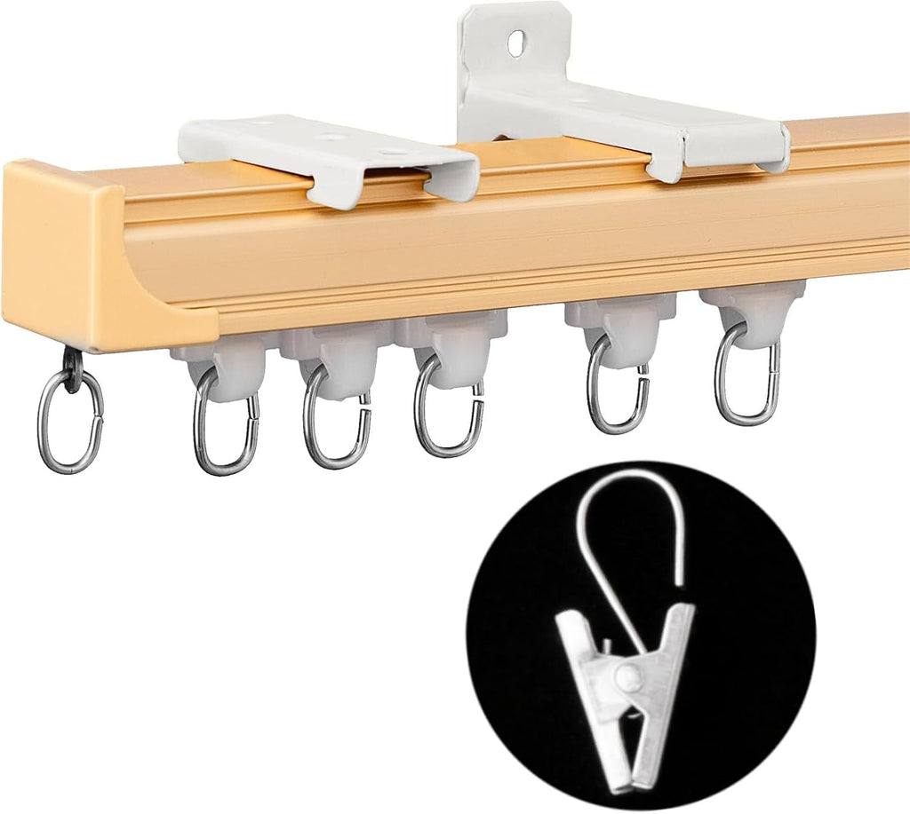 Ceiling Curtain Track Ceiling and Wall Mounted Heavy-Duty Curtains Rails Room Divider Curtains Shower RV Tracks Ceiling Sliding Curtain Rods With Clips,Gold 9ft.
