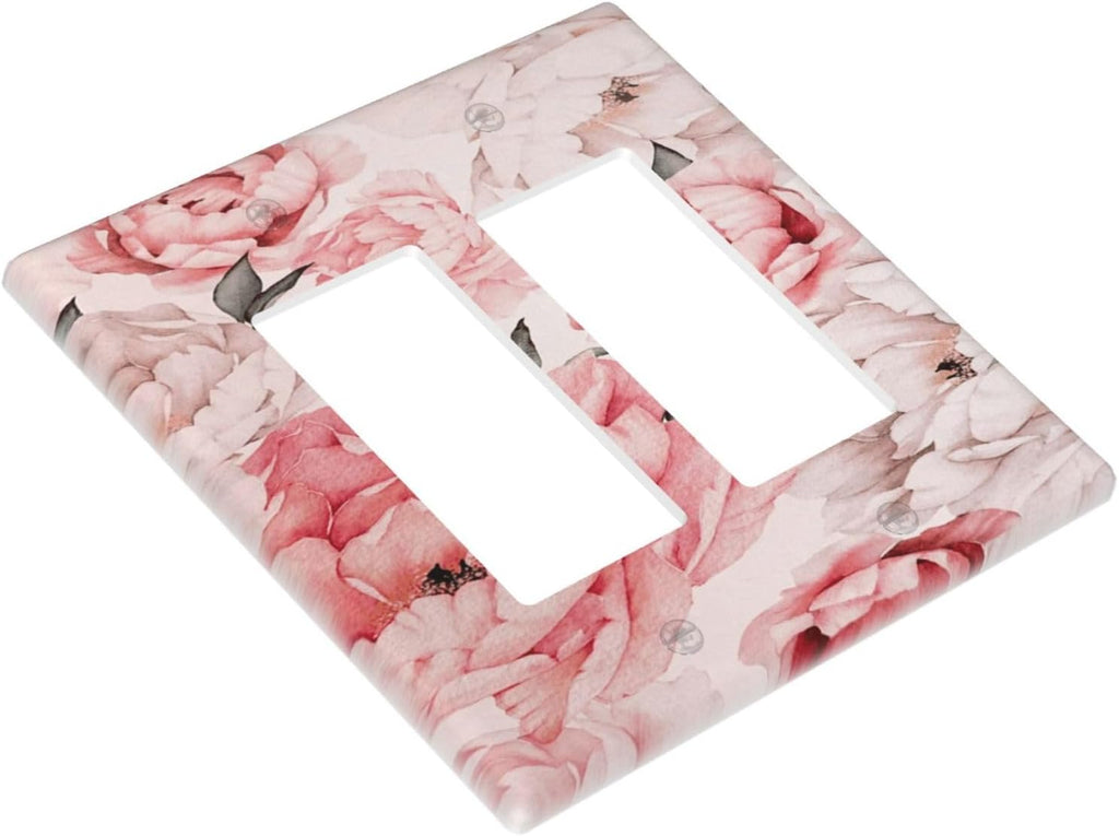 Decorative Outlet Covers Ink Pink Peony Flower Rustic Floral 2 Gang Light Switch Cover Plate Double Rocker Wall Plate Switch Plate Covers Faceplate for Home Bedroom Decor （2 Pack）