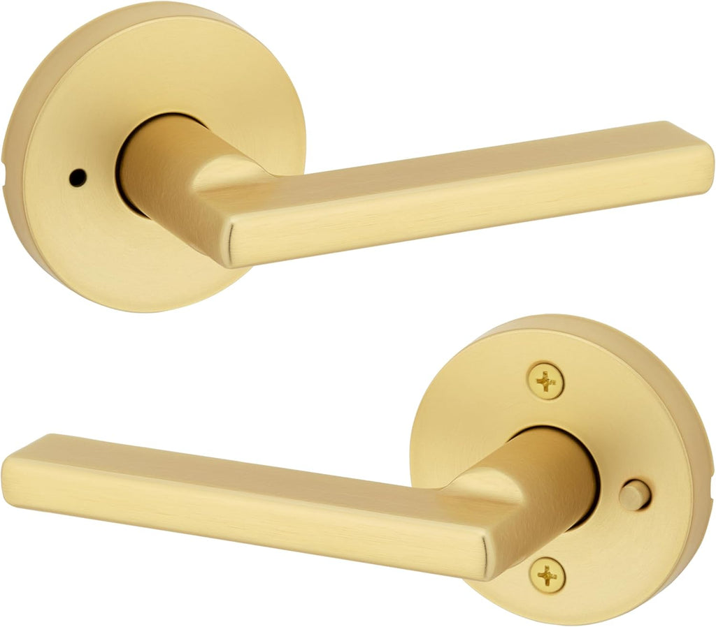 Kwikset Halifax Interior Privacy Door Handle with Lock, Door Lever for Bathroom and Bedroom, Satin Brass Reversible Keyless Push Button Lock Door Lever, with Microban Protection