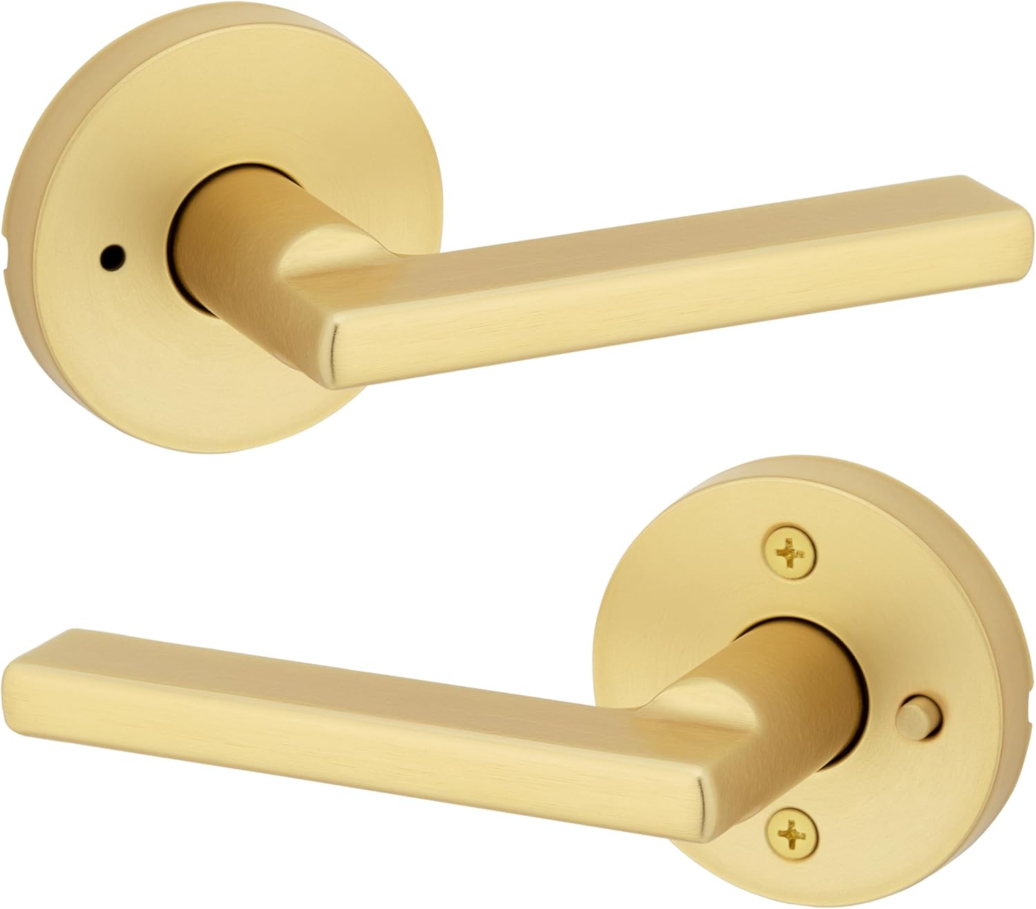 Kwikset Halifax Interior Privacy Door Handle with Lock, Door Lever for Bathroom and Bedroom, Satin Brass Reversible Keyless Push Button Lock Door Lever, with Microban Protection
