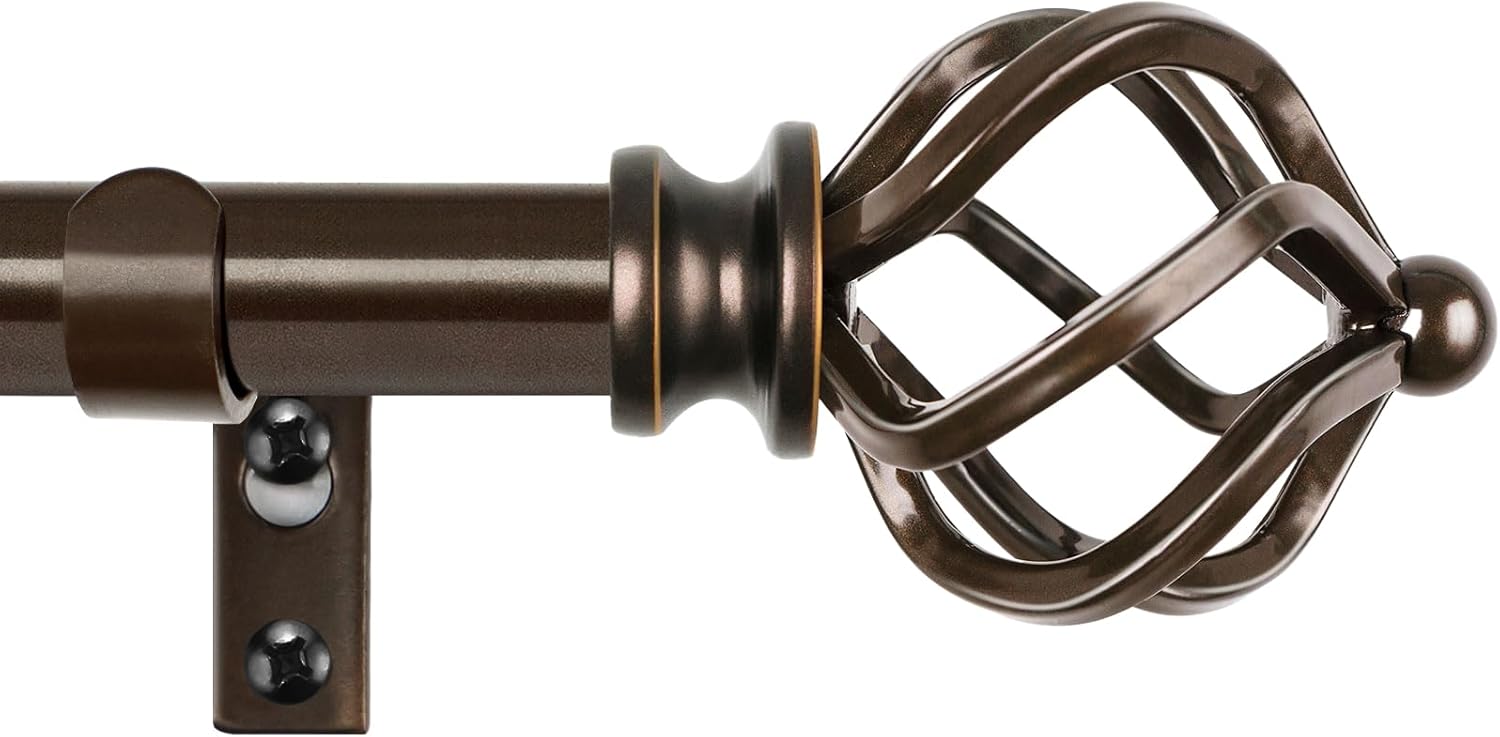 KAMANINA Bronze Curtain Rods for Windows 72 to 144 Inch, Long Curtain Rod 32 to 144 Inches (2.6-12ft), 6/8 In Splicing Adjustable Single Drapery Rod with Twisted Cage Finial