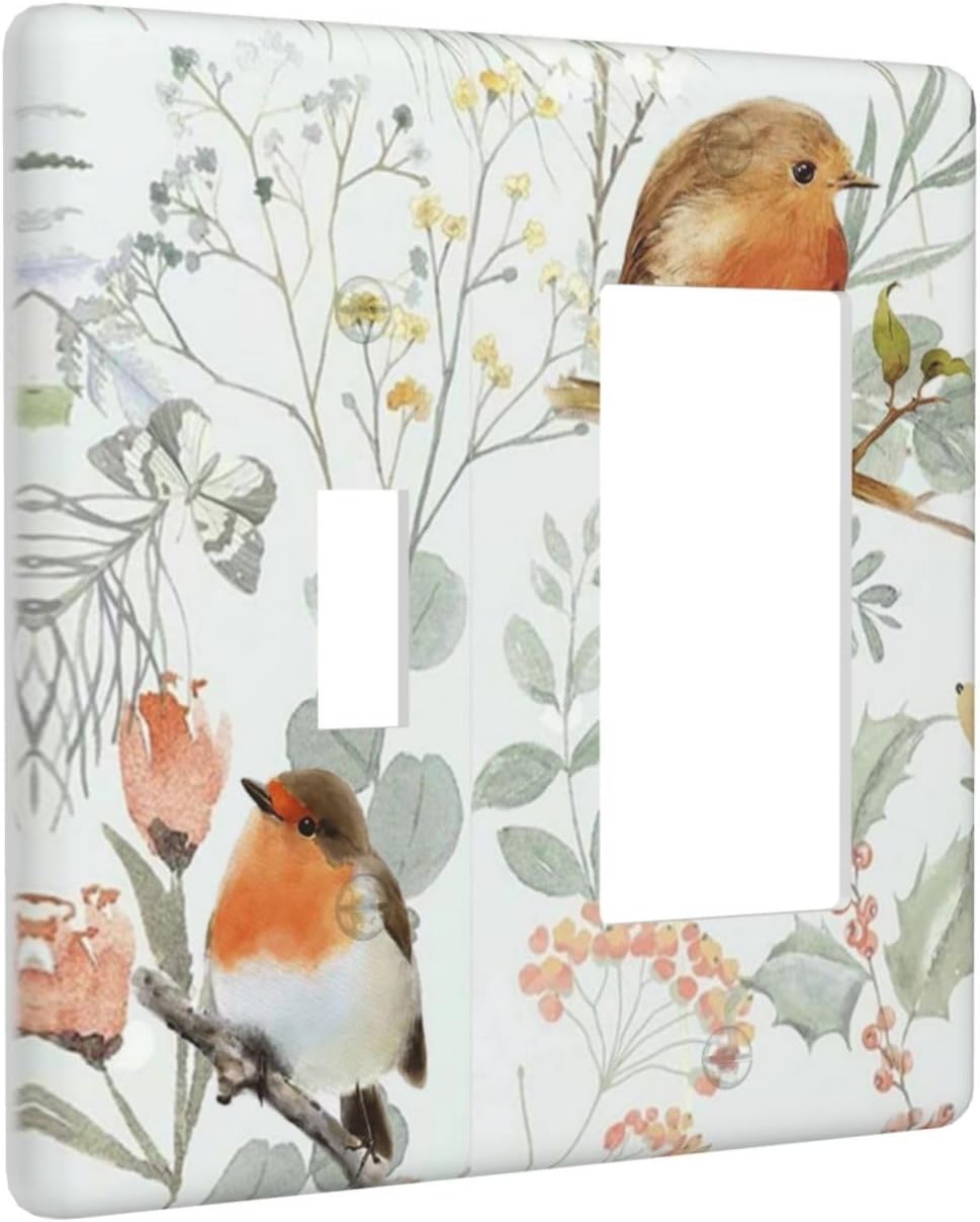 Outlet Covers Red Floral Berries Colorful Bird Plant 1 Toggle 1 Rocker Combination Decorative Wall Plate Electrical Switch Plates Light Switch Cover Plate For Bed Room Living Room Decor