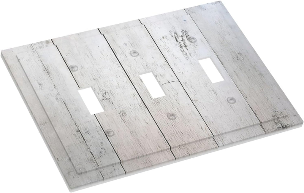 Rustic White Grey Wood Grain Decorative Switch Plates 3 Gang Wall Plate Triple Toggle Light Switch Cover Electrical Wall Panels Faceplate for Bedroom Bathroom Decor