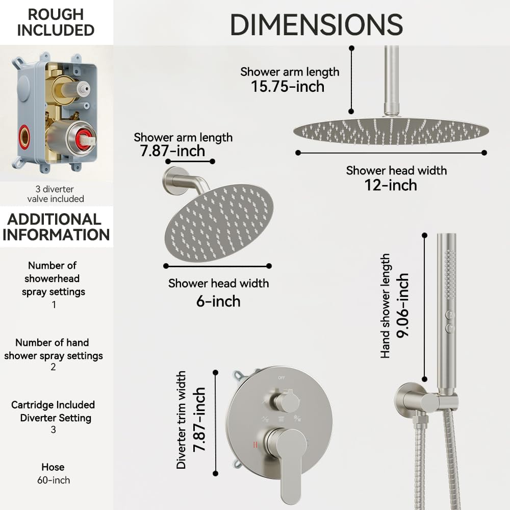 Shower Systems Shower Faucet Sets STARBATH 3 Way 12+6" Round Dual Rainfall Shower Head with Handheld Spray, Ceiling Mounted Rain Shower Valve with 5 Diverter and Trim Kit Complete, Brushed Nickel