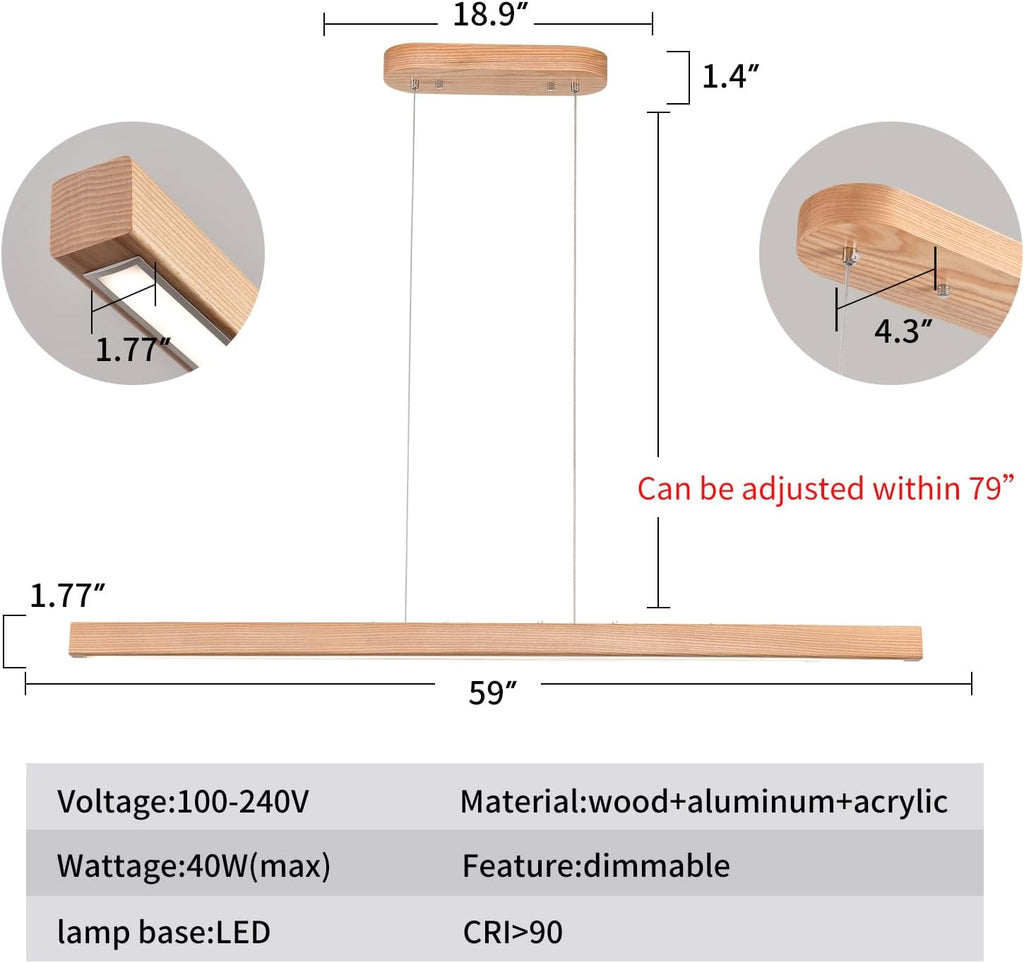 59" Wood Linear Pendant Light Fixtures Led Dining Room Chandelier Linear Kitchen Island Hanging Lights Dimmable Modern Pendant Light for Dining Room Kitchen Island Pool Table Lights Natural
