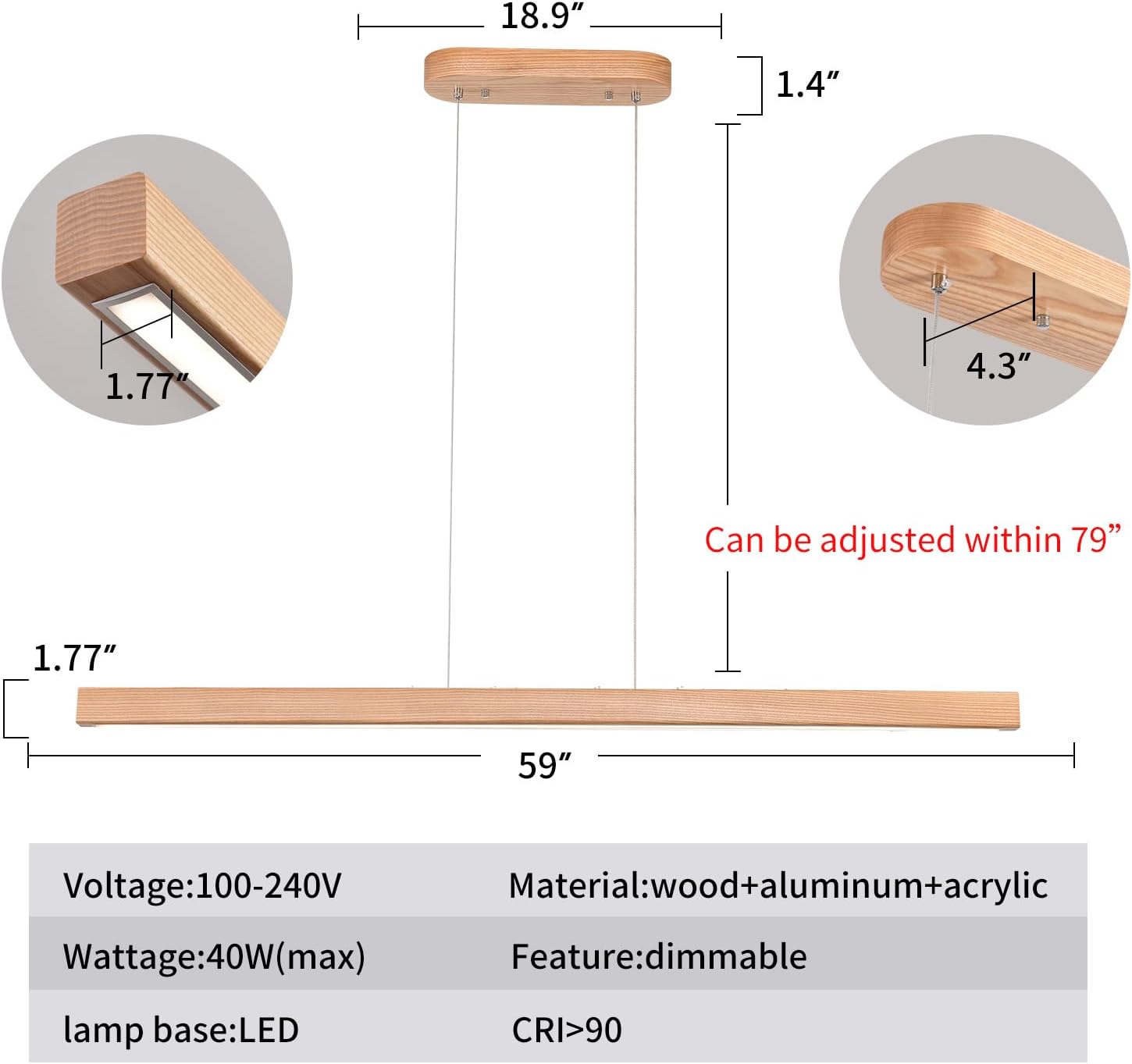 59" Wood Linear Pendant Light Fixtures Led Dining Room Chandelier Linear Kitchen Island Hanging Lights Dimmable Modern Pendant Light for Dining Room Kitchen Island Pool Table Lights Natural