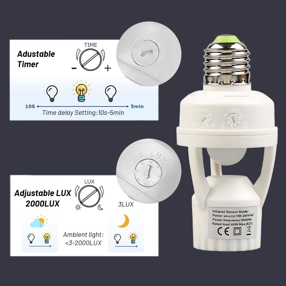 E27 Sensor Lights Socket, Motion Sensor Light Socket 10-300 Sec Delay, 6m Sensing Distance, IR Motion Activated Lamp Holder for Basement, Garage, Staircase (100-240V)