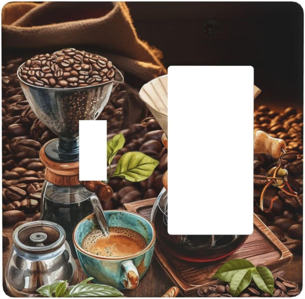 Decorative Outlet Covers Retro Coffee Maker Beans Cup 2 Gang 1 Gang Wall Plate Cover Single Toggle Rocker Combo Light Switch Cover Plate Face Plate for Kirchen Decor