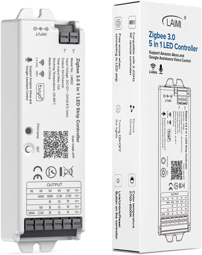 5in1 LM052 Tuya Zigbee3.0 LED Controller Support Monochrome CCT RGB RGBW RGBCCT PWM LED Strip Compatible with Echo Plus Echo(4th Gen) Philip H-UE Home-kit Gateway Work with WR01RF WR02RF etc
