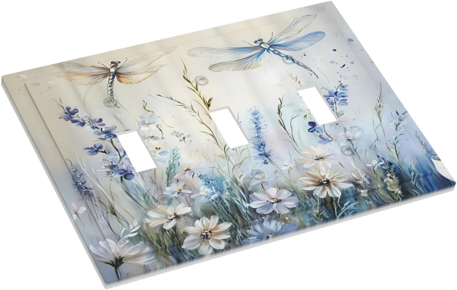 Decorative Light Switch Cover Plate Watercolor Dragonfly Blue Wihte Flower 3 Gang Wall Plates for Electrical Outlets Triple Toggle Switch Plate Covers Outlet Covers Faceplate for Home Decor