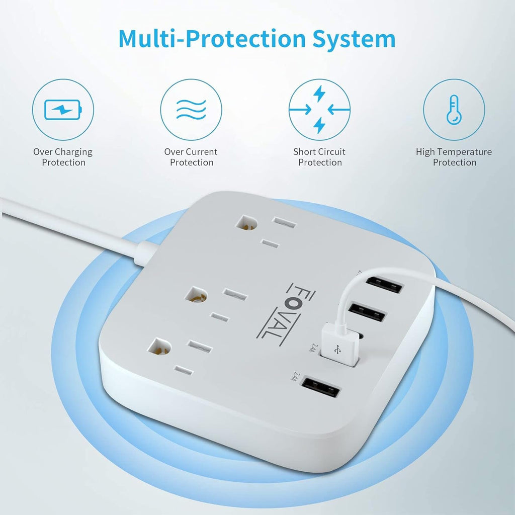European Travel Plug Adapter, FOVAL EU UK US Power Strip with USB C and 4 USB Ports, 3 AC Outlets, Wall Mountable, 5ft Extension Cord, Compact for Travel, Cruise Ship, Home Office (White)