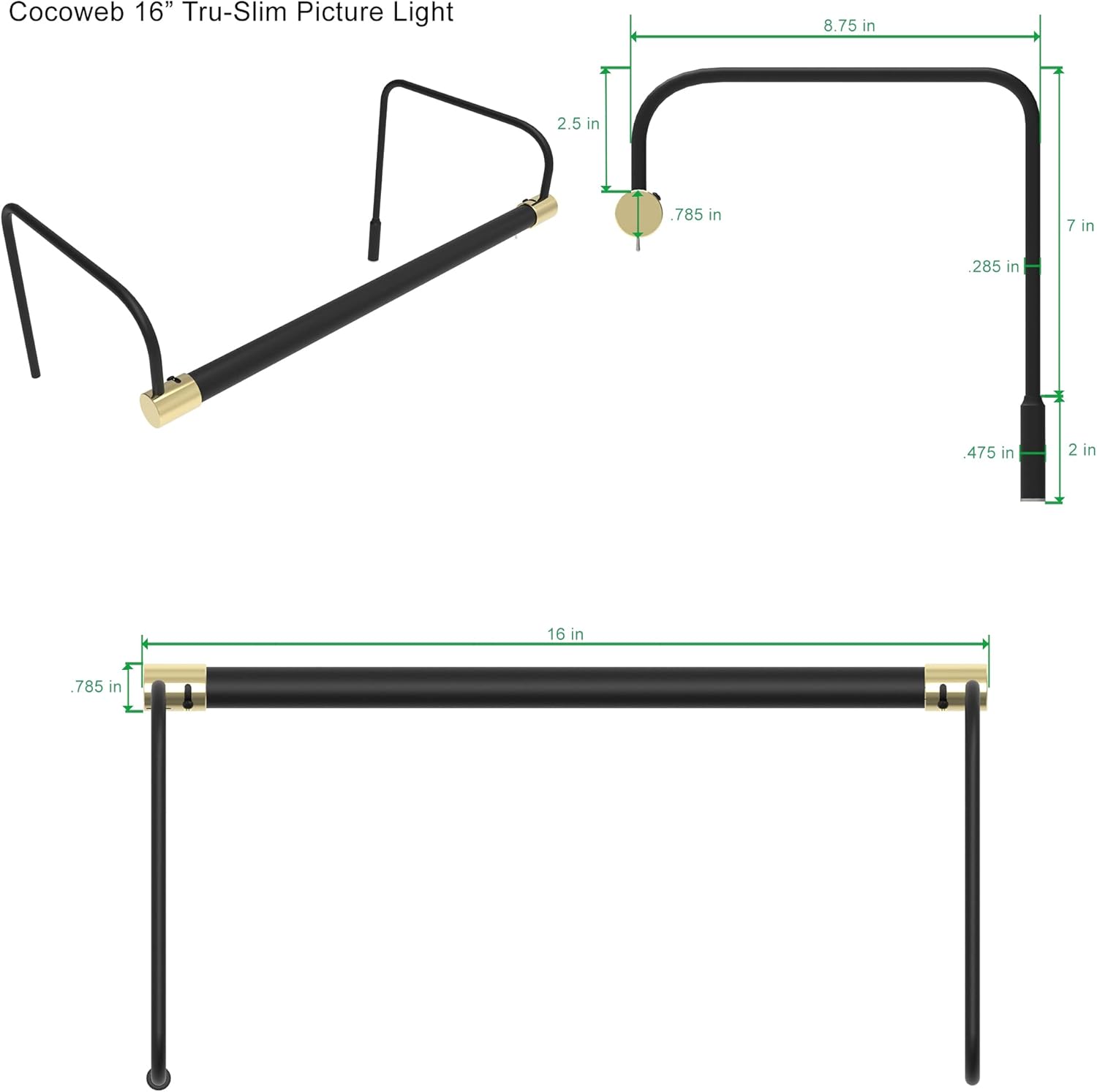 Cocoweb 16 Inch Tru-Slim Black and Brass Picture Light - LED, 2700K, Adjustable Arm, Plug-in, Toggle Switch, Sleek and Compact Design