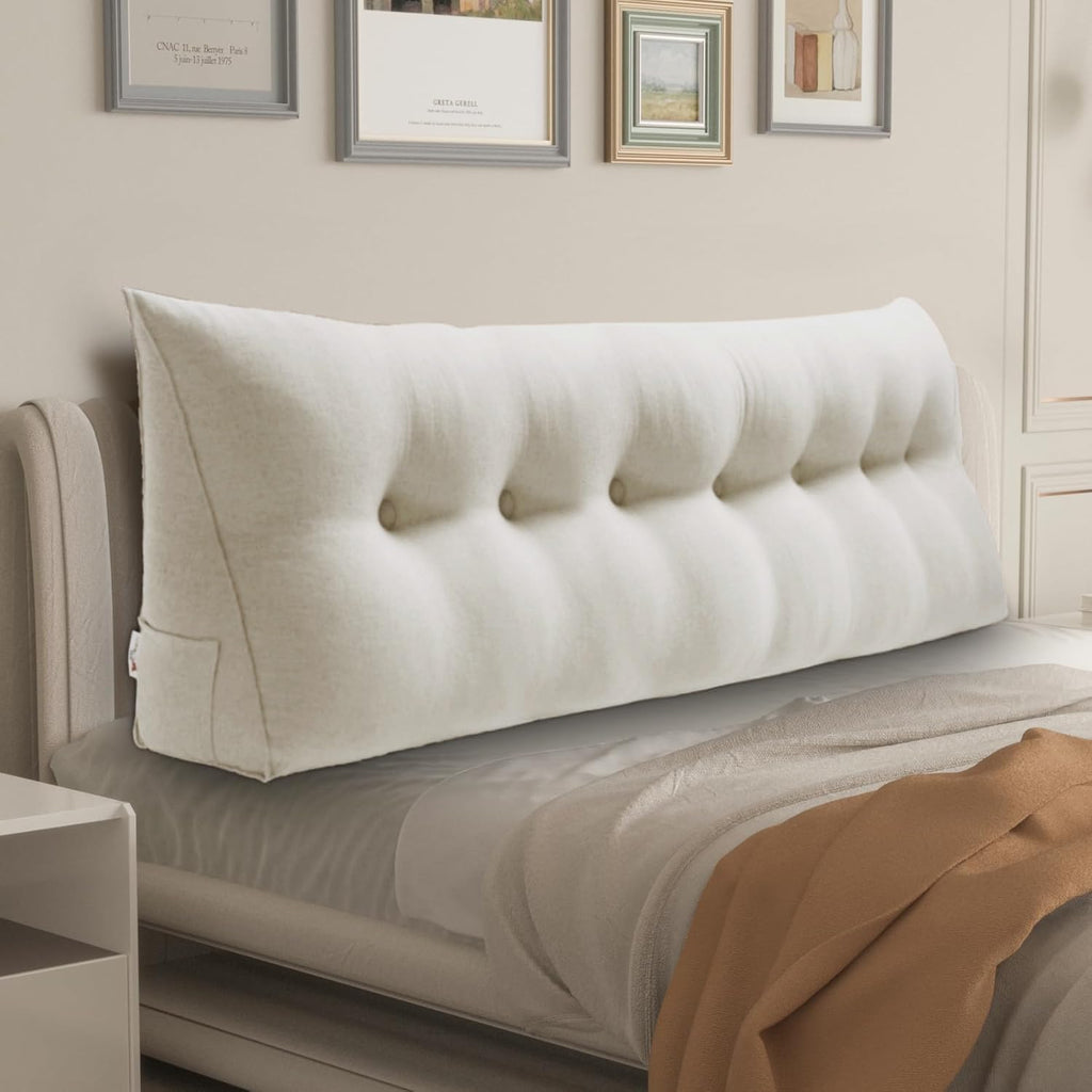 WOWMAX Headboard Wedge Pillow King Triangular Headboard Pillow Bed Wedge Pillow for Headboard Wedge Pillow Headboard for Daybed Large Bolster Pillow for Bed, 85% Linen 15% Cotton Blend, Pure White