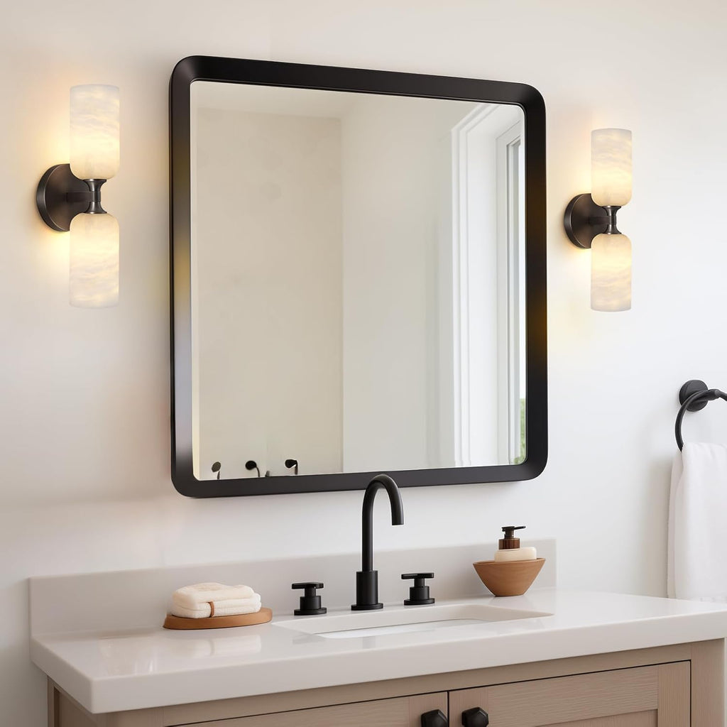 14in Modern Spanish Natural Marble Bathroom Vanity Sconces, Alabaster Wall Sconces Set of Two, Black Alabaster Sconce Wall Lighting, Black Wall Light Fixtures Decor