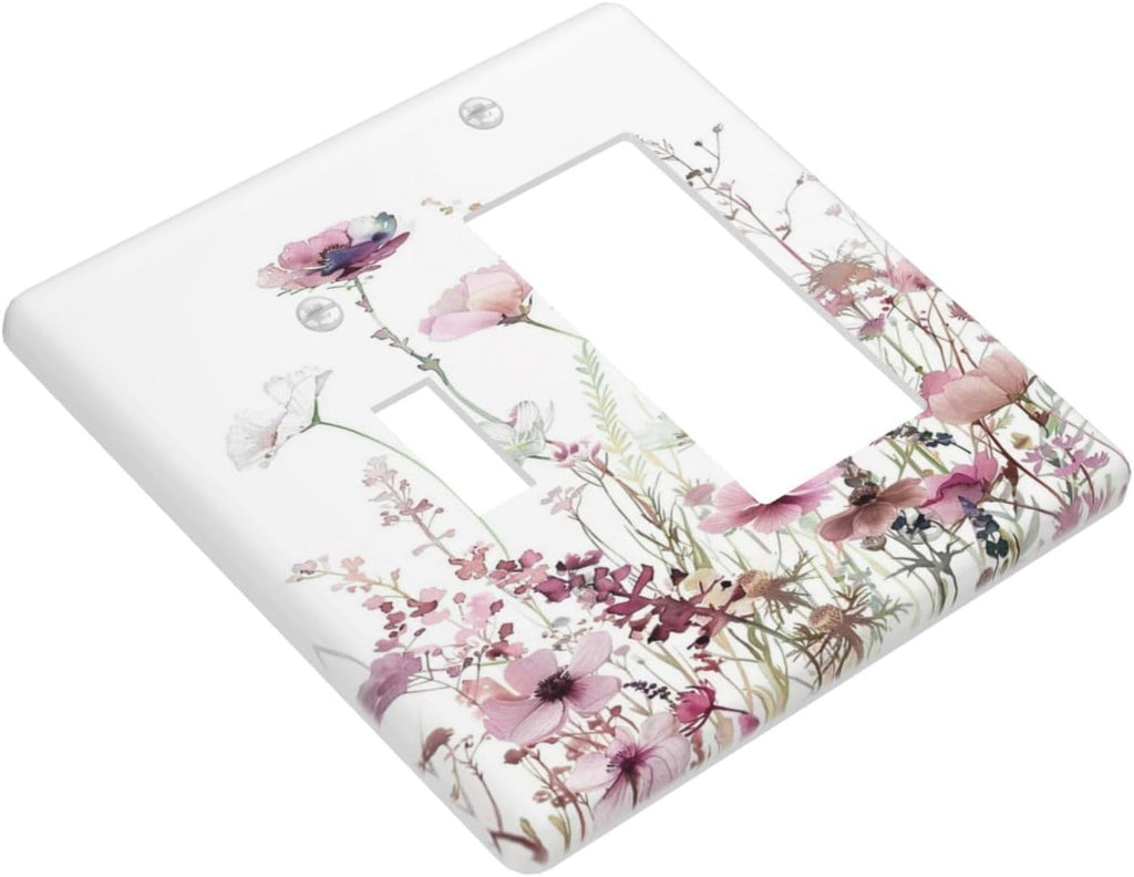 Floral Pink Watercolor Wildflowers Plant Flower Outlet Covers 1 Toggle 1 Rocker Combination Decorative Wall Plate Electrical Switch Plates Light Switch Cover Plate for Bedroom Living Room Decor
