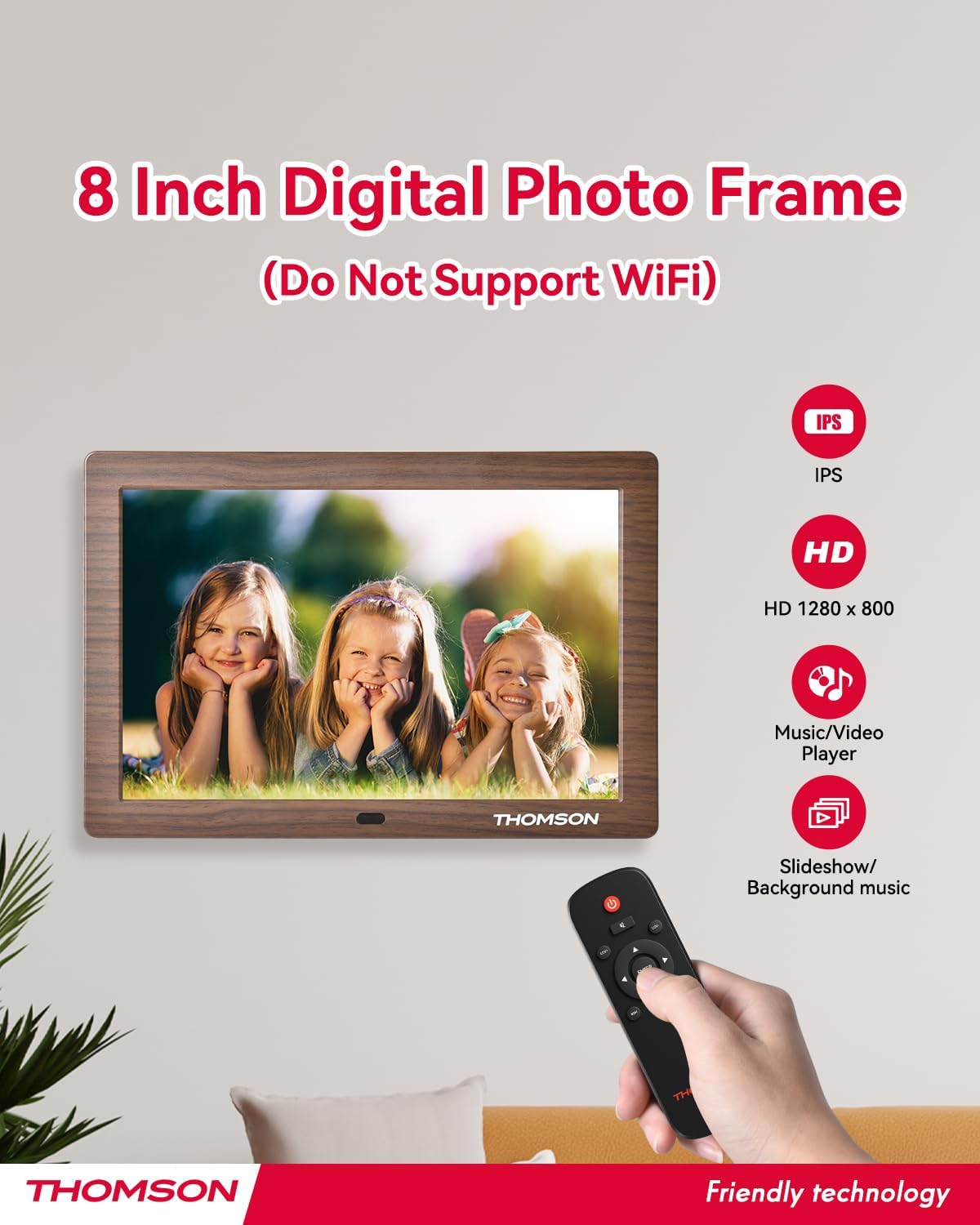 THOMSON 8" Digital Picture Frame, 1280 * 800 IPS Full View Ultra Clear Screen with Remote Control, Wooden Frame, Share Videos Photos Send Wishes Auto-Rotate Slideshow Non-WiFi (8 Inch Non-WiFi)