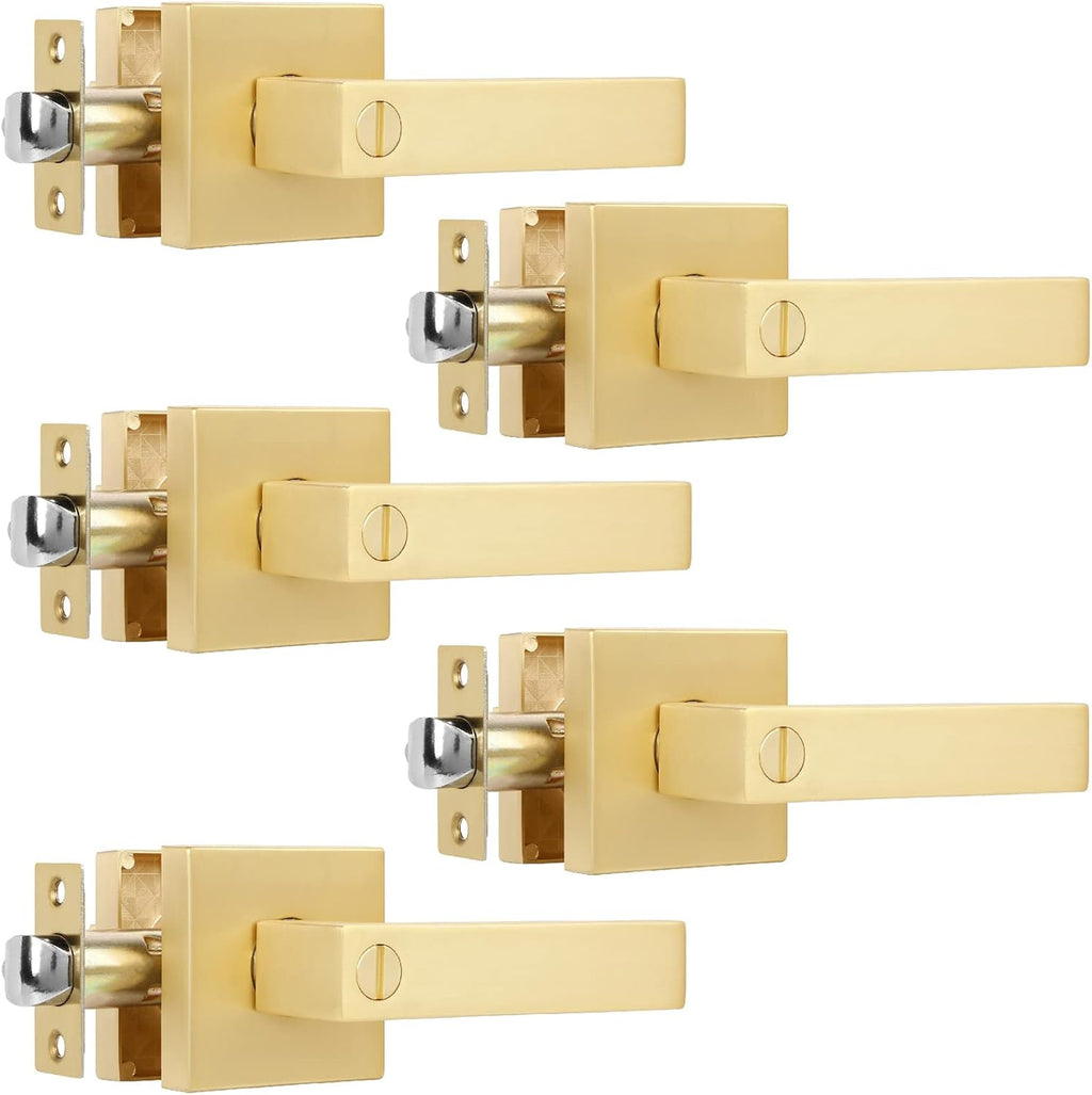 5 Pack Privacy Gold Door Knobs Square Heavy Door Levers for Bed/Bath Room Interior Door Lock Keyless Door Handle for Left and Right Reversible