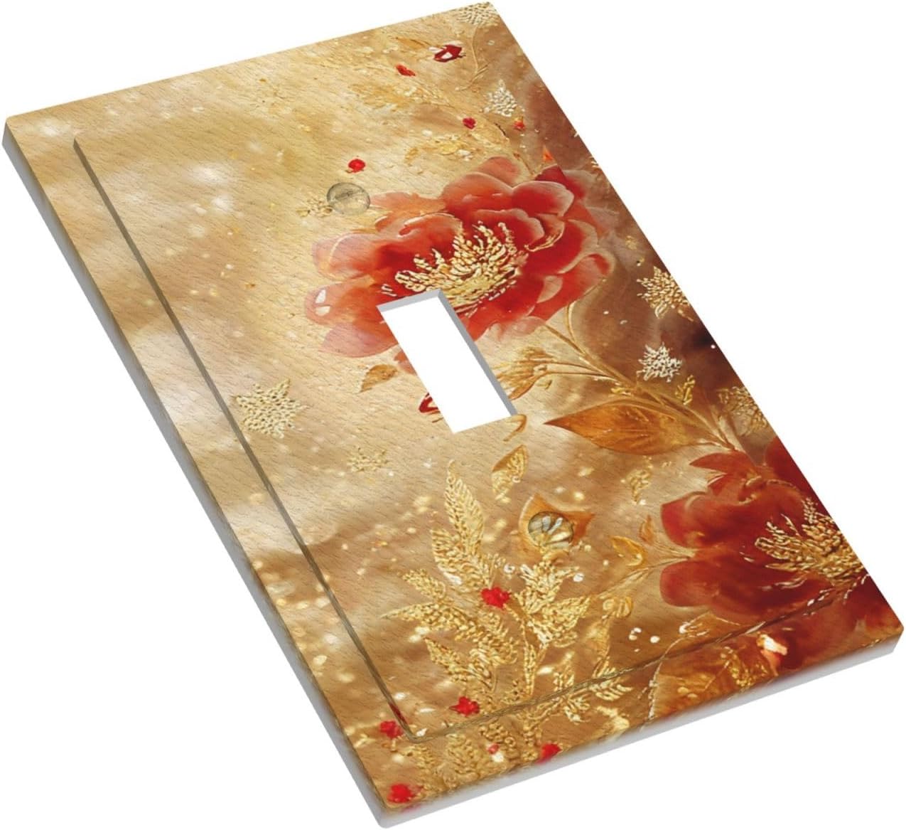 Decorative Light Switch Cover Plate Golden Leaf Red Peony Flowers Floral 1 Gang Wall Plate Oversized Single Toggle Wall Cover Plate Jumbo Electrical Switchplate Faceplate