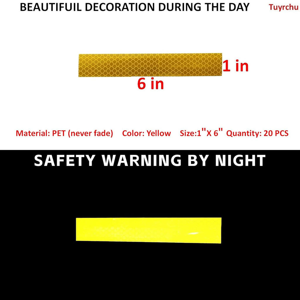 Non Fading Yellow Reflective Stickers 1 inch X 6 inch, Outdoor Waterproof High Visibility Warning Safety Adhesive Reflector Tape (20 Pcs)