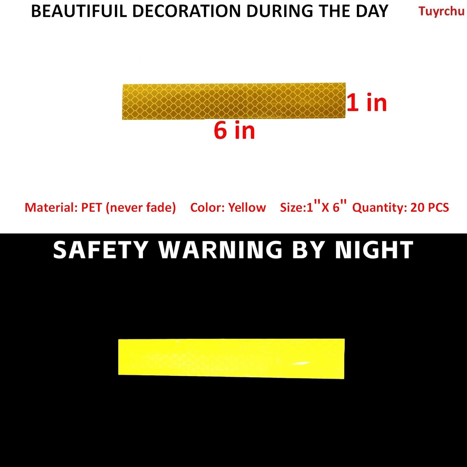 Non Fading Yellow Reflective Stickers 1 inch X 6 inch, Outdoor Waterproof High Visibility Warning Safety Adhesive Reflector Tape (20 Pcs)
