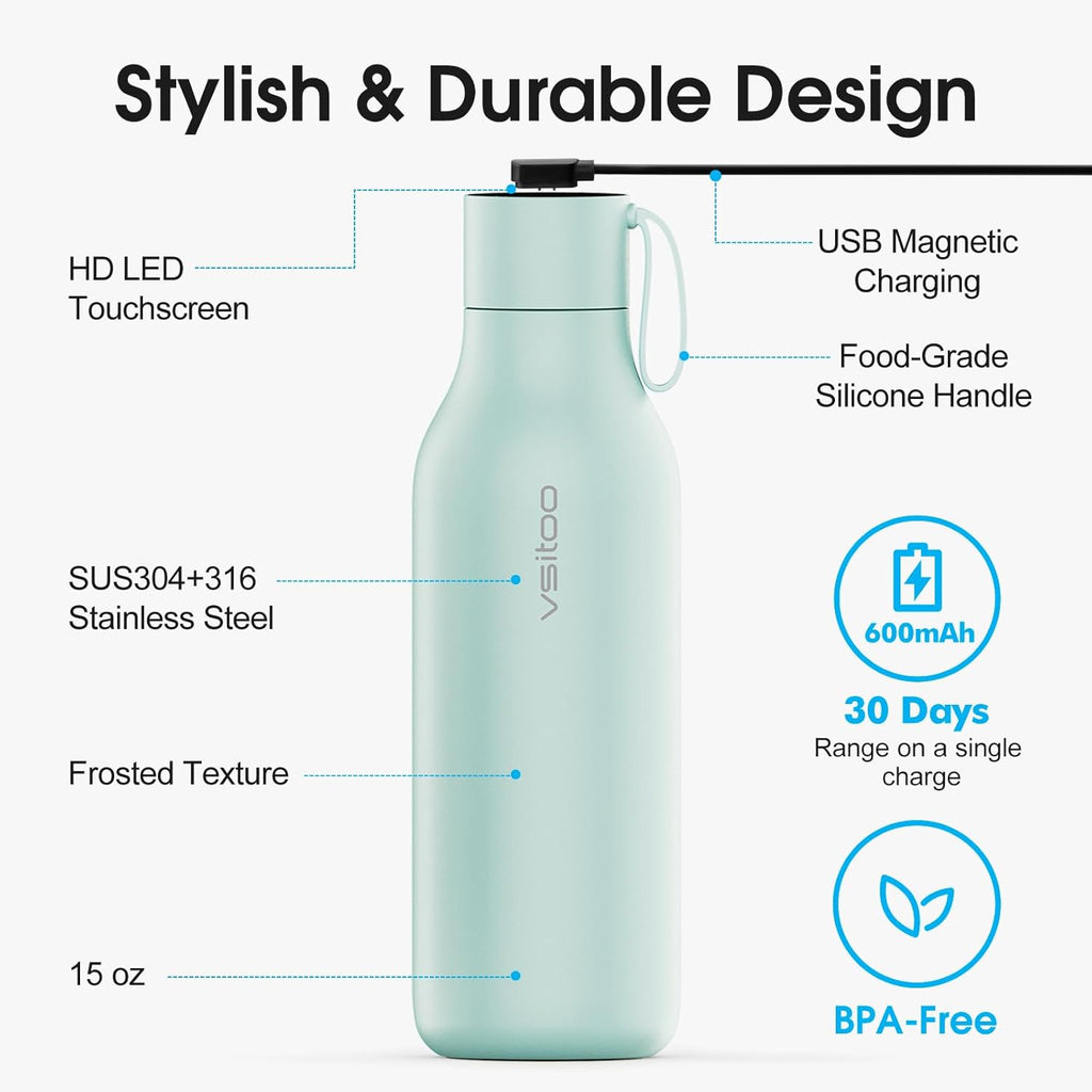 VSITOO 33oz Smart Self Cleaning Water Bottle，Insulated Water Bottle with Stainless Steel, BPA-Free, AI Self-Clean, 30-Day Battery, Magnetic Charging for Travel, Gym or Office, Blue