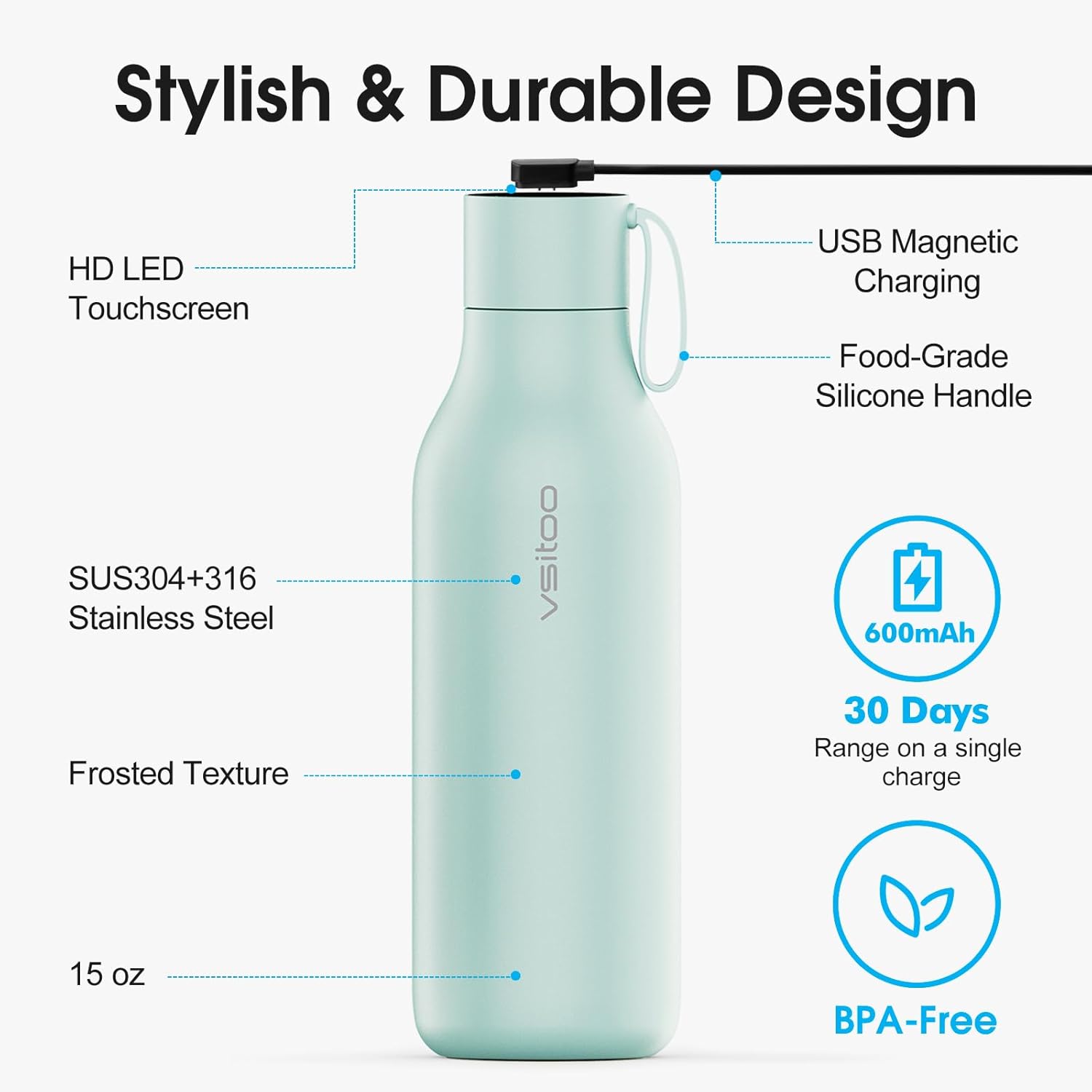 VSITOO 33oz Smart Self Cleaning Water Bottle，Insulated Water Bottle with Stainless Steel, BPA-Free, AI Self-Clean, 30-Day Battery, Magnetic Charging for Travel, Gym or Office, Blue