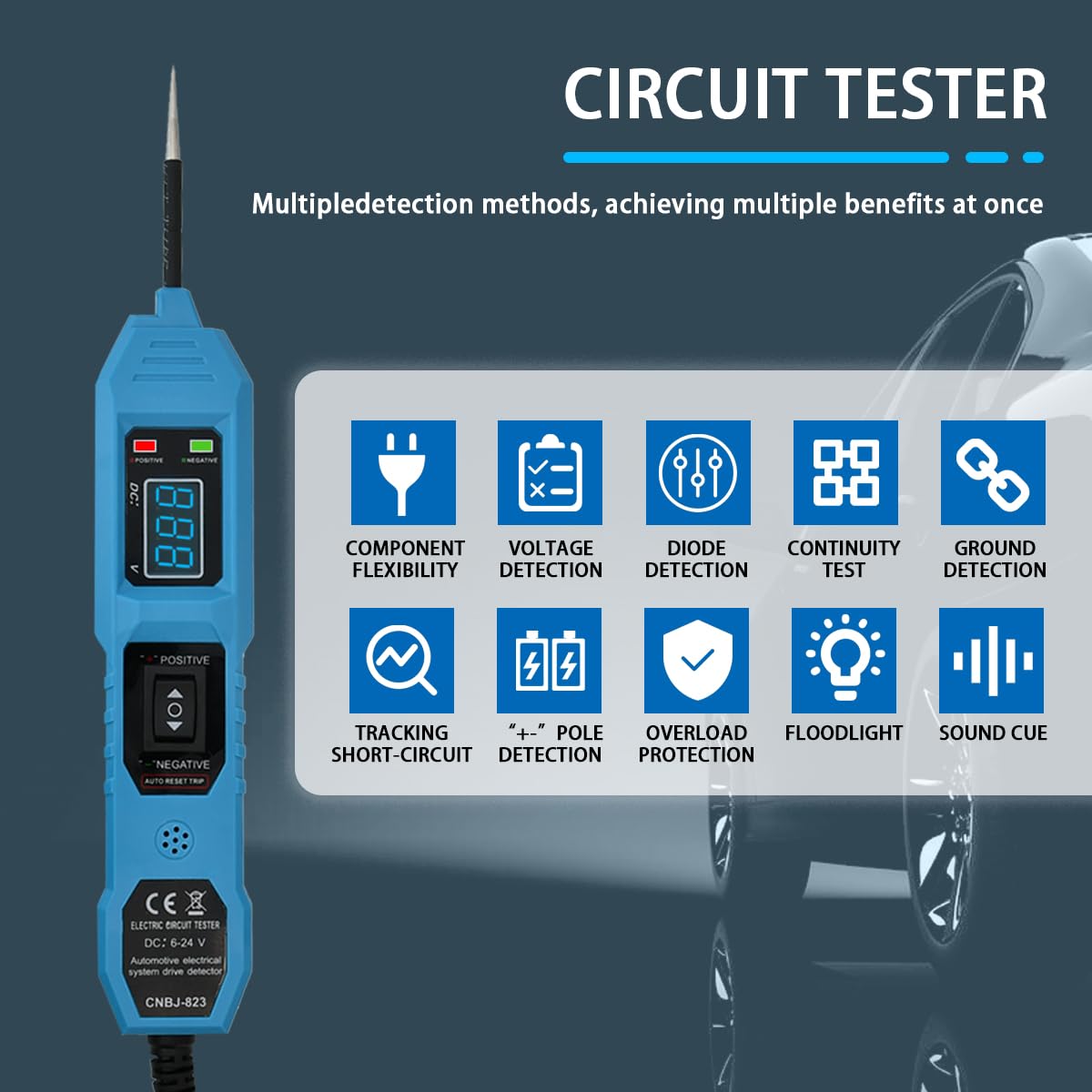 Power Circuit Tester, 6-24V DC Test Light Short Circuit, Automotive Component Electrical Polarity Identify Continuity Tester, Overload Protection
