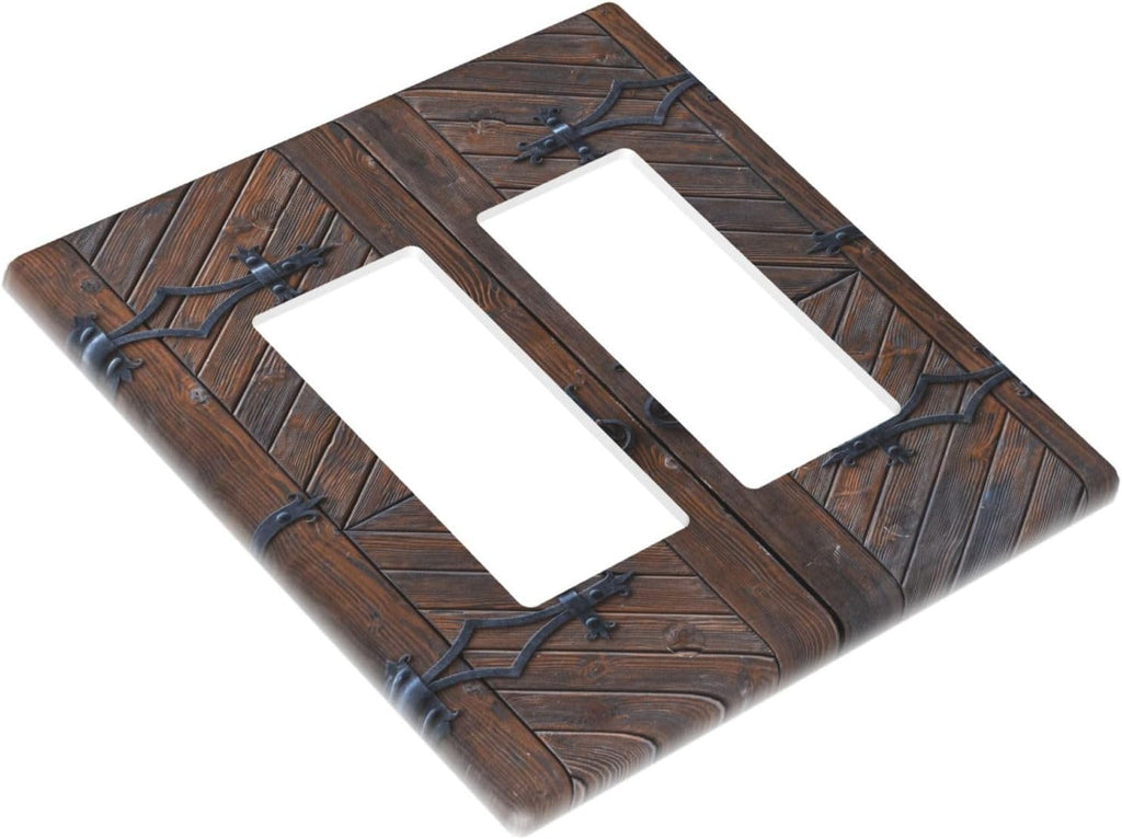 Decorative Outlet Covers Vintage Brown Wood Barn Door 2 Gang Light Switch Cover Plate Double Rocker Wall Plate Switch Plate Covers Faceplate for Farmhouse Home Decor （2 Pack）