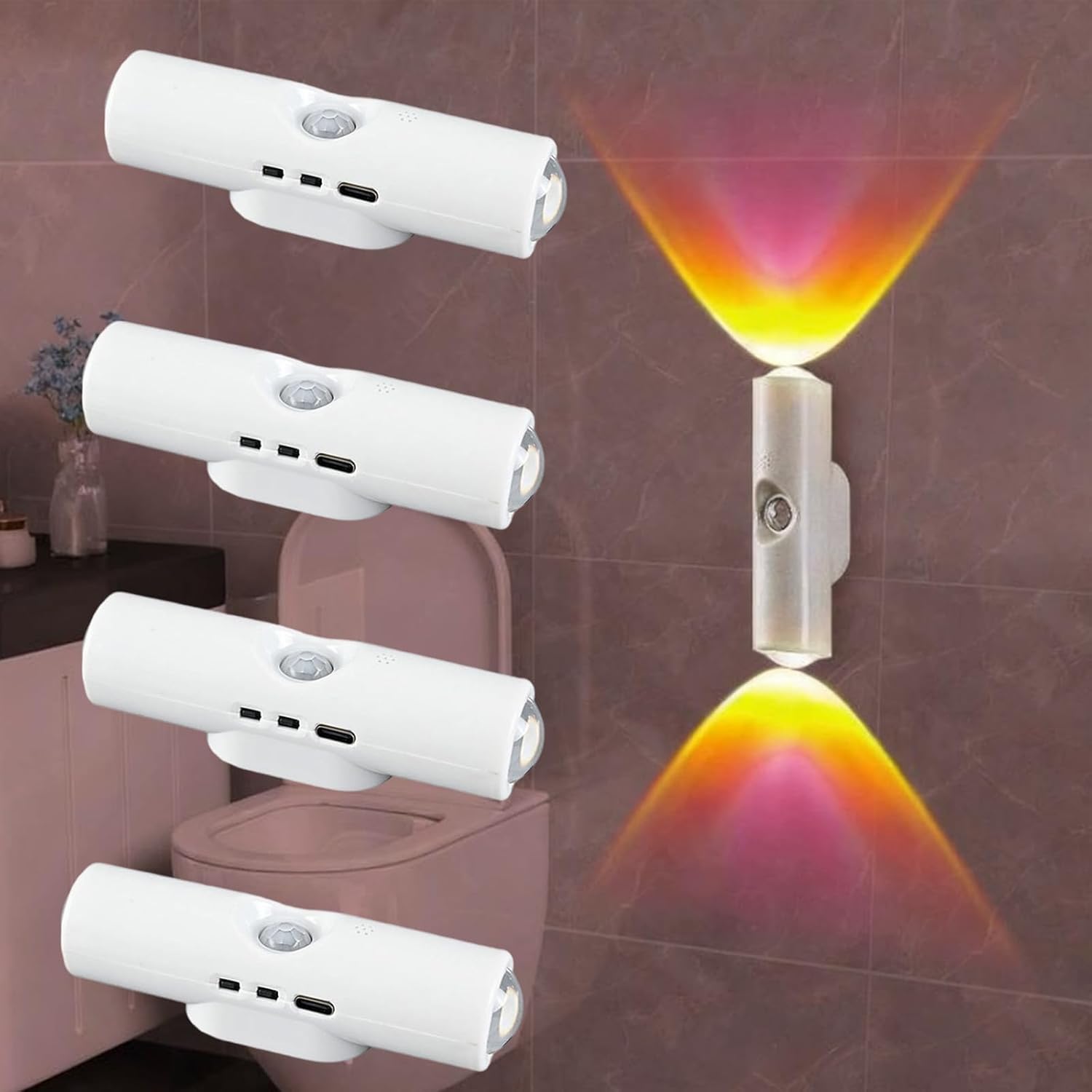 Rechargeable Smart LED Motion Sensor Ambient Light, Punch-Free Color Changing Motion Sensor Light for Stairs, Wardrobe, Cabinet (4Pcs,White, 7-Color Changing)